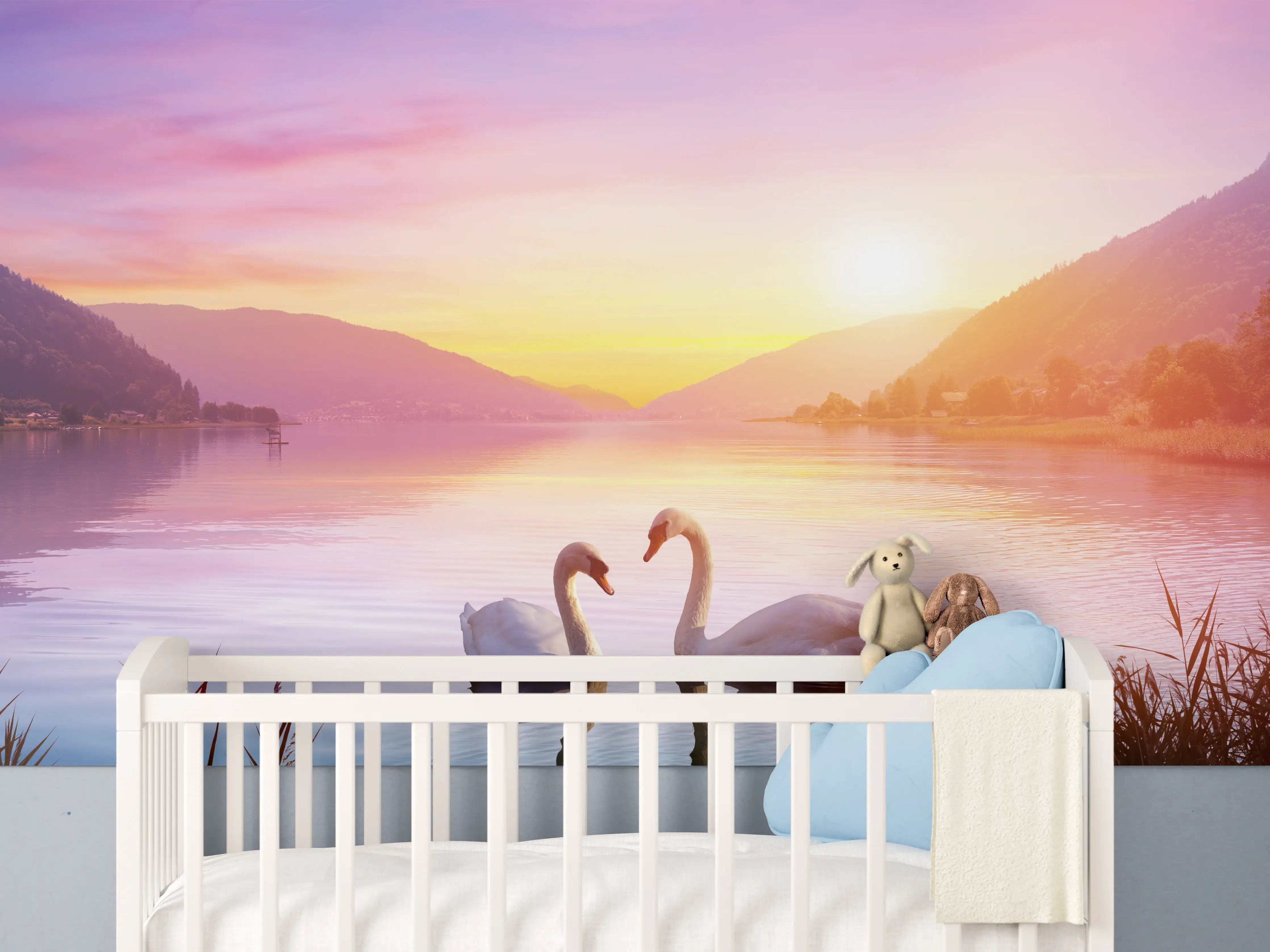 Babyzimmer Wandgestaltung - Schwäne über dem See bei Sonnenaufgang - Ruhe und Romantik