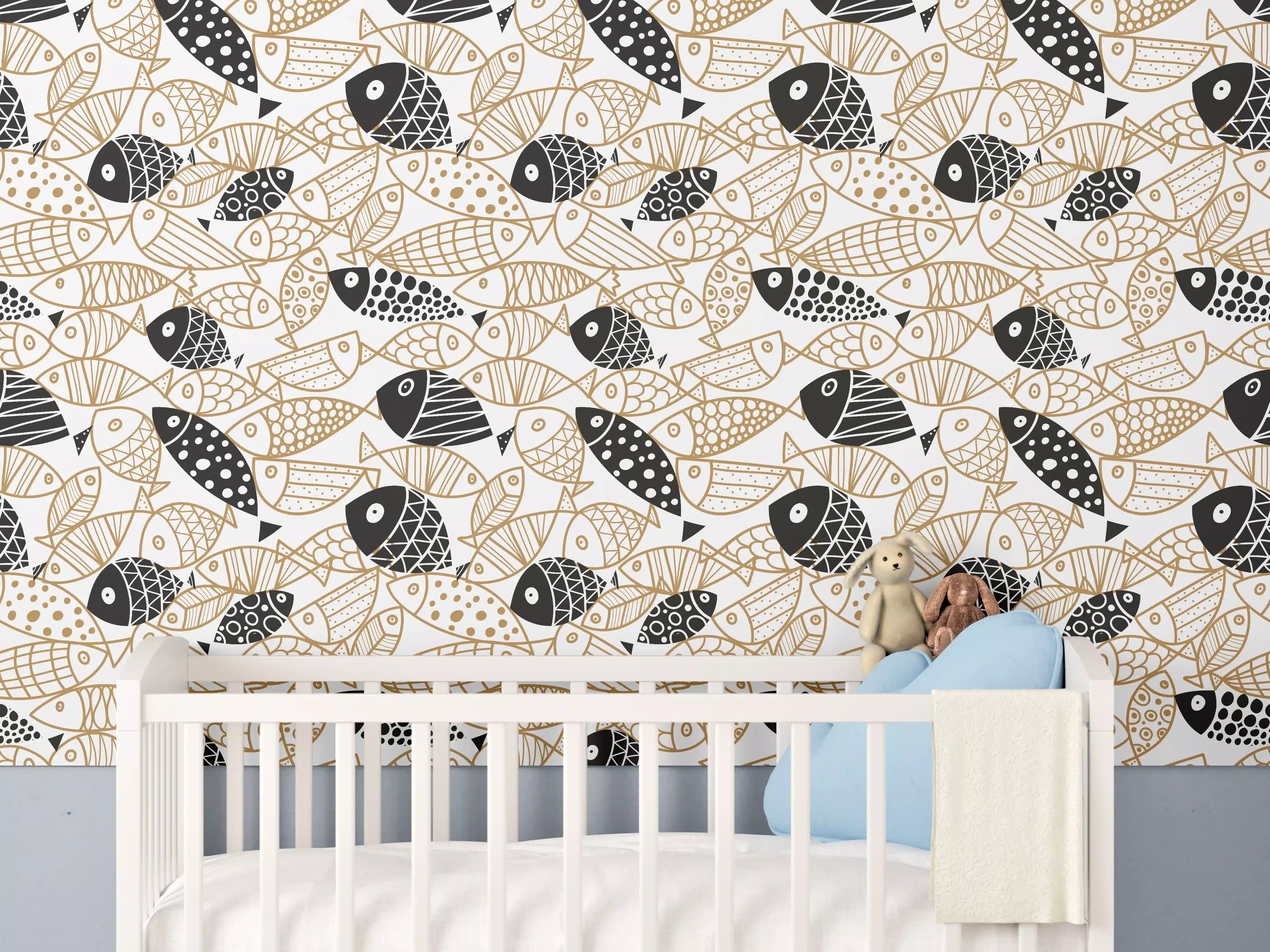 Babyzimmer Wandgestaltung - Schwarz-Gold Fische Muster