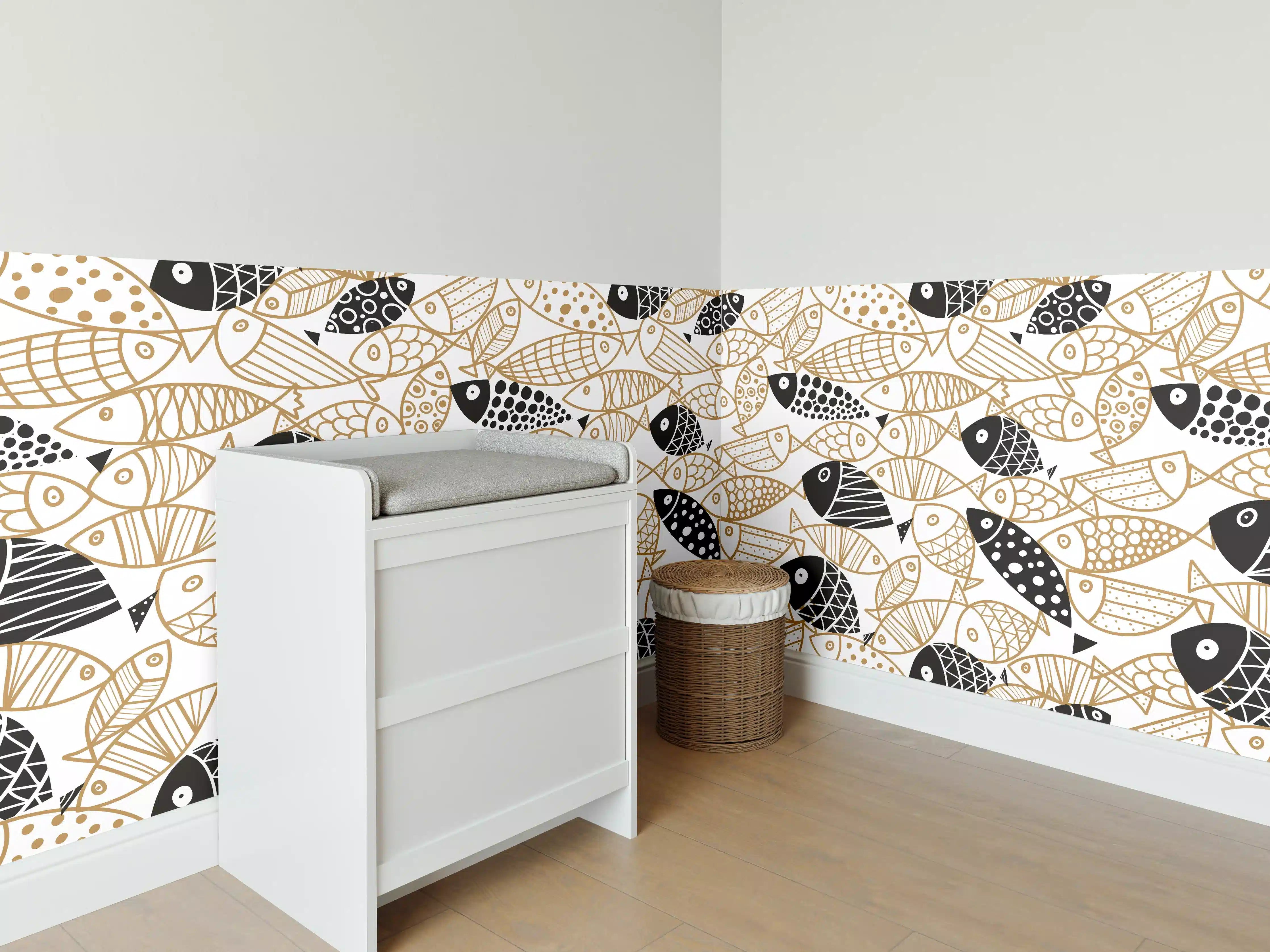 Babyzimmer Wandgestaltung - Schwarz-Gold Fische Muster