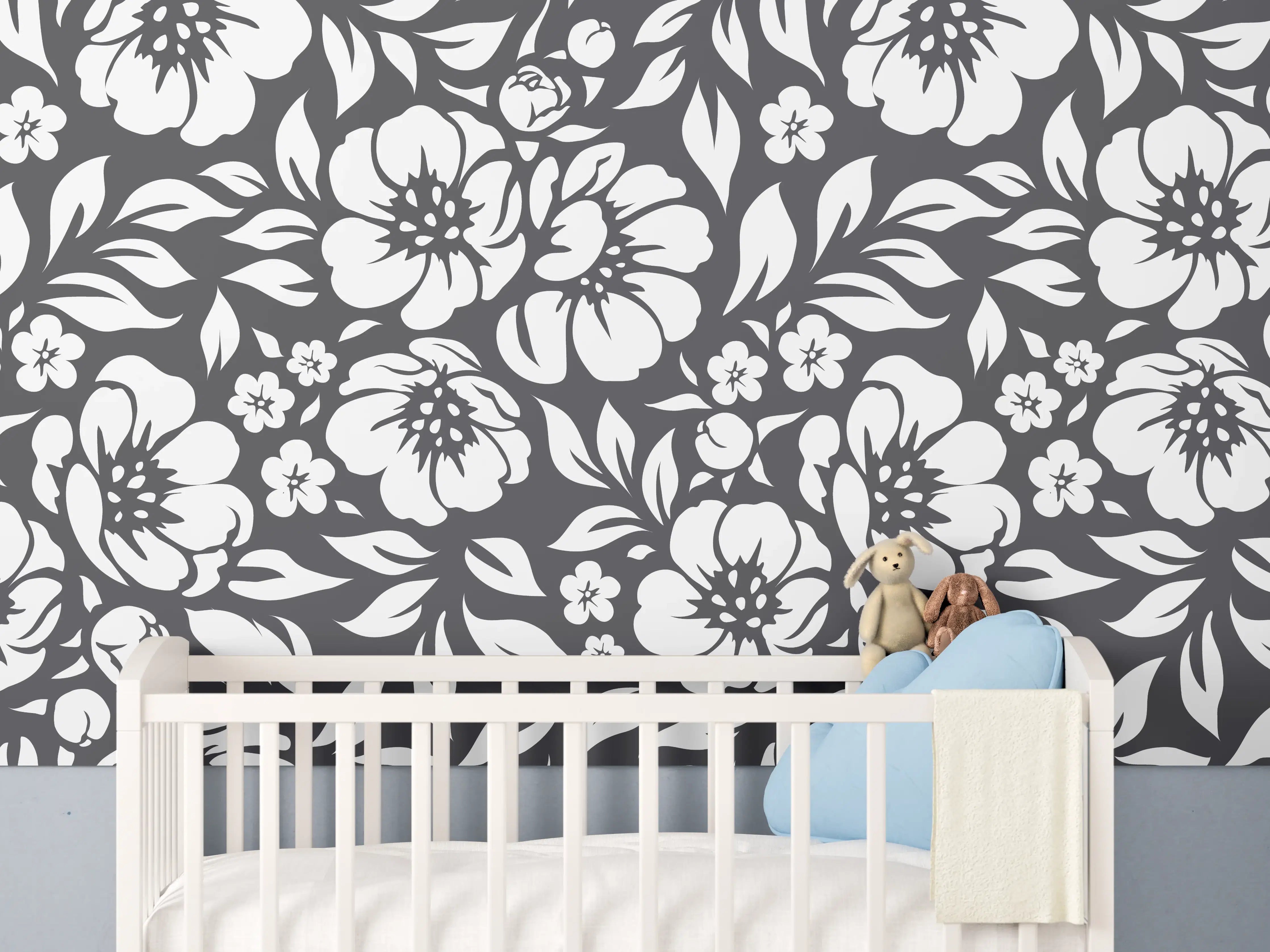Babyzimmer Wandgestaltung - Schwarz-Weiß-Blumenmuster
