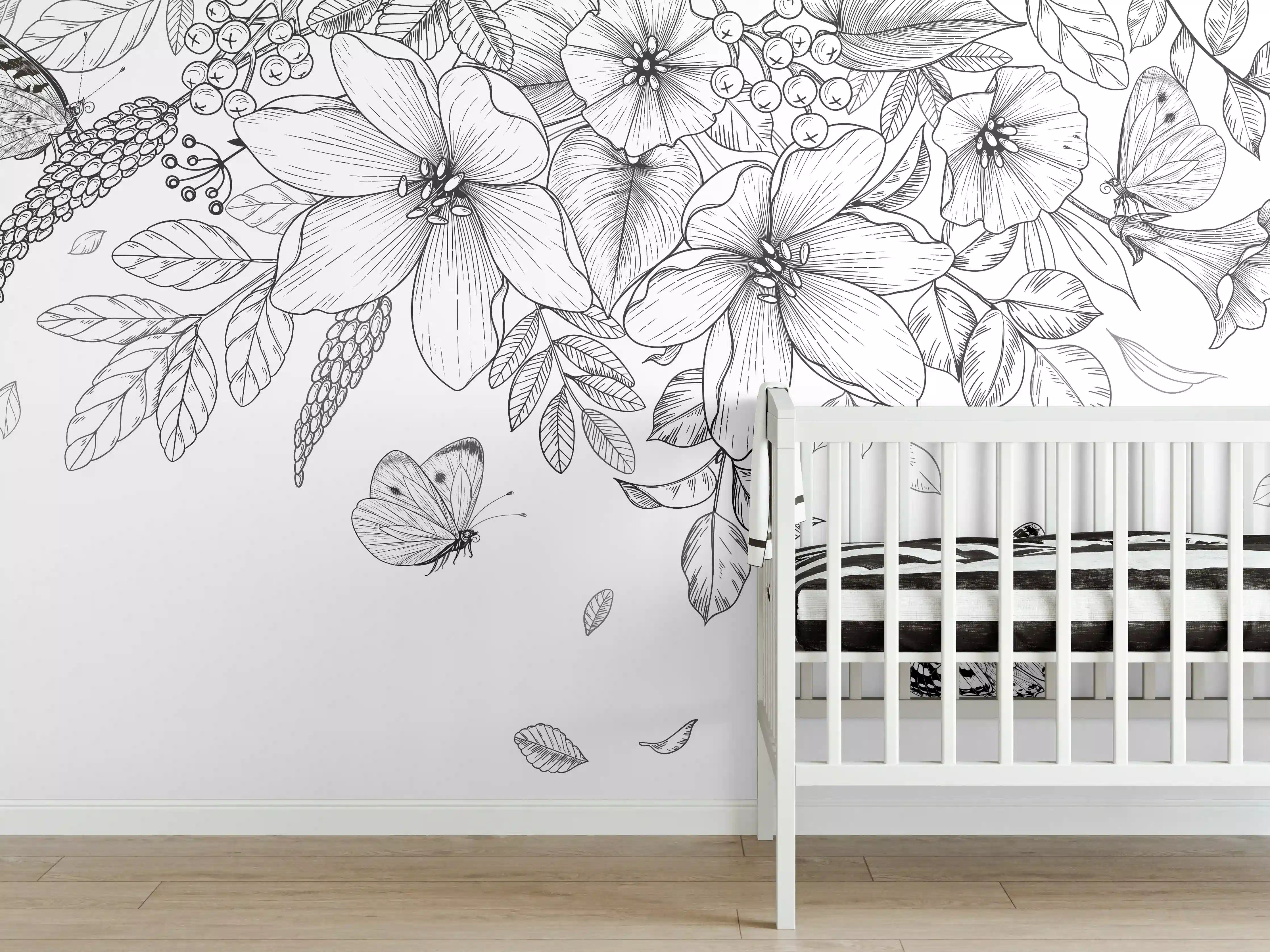Babyzimmer Wandgestaltung - Schwarz-Weiß Floralzeichnung