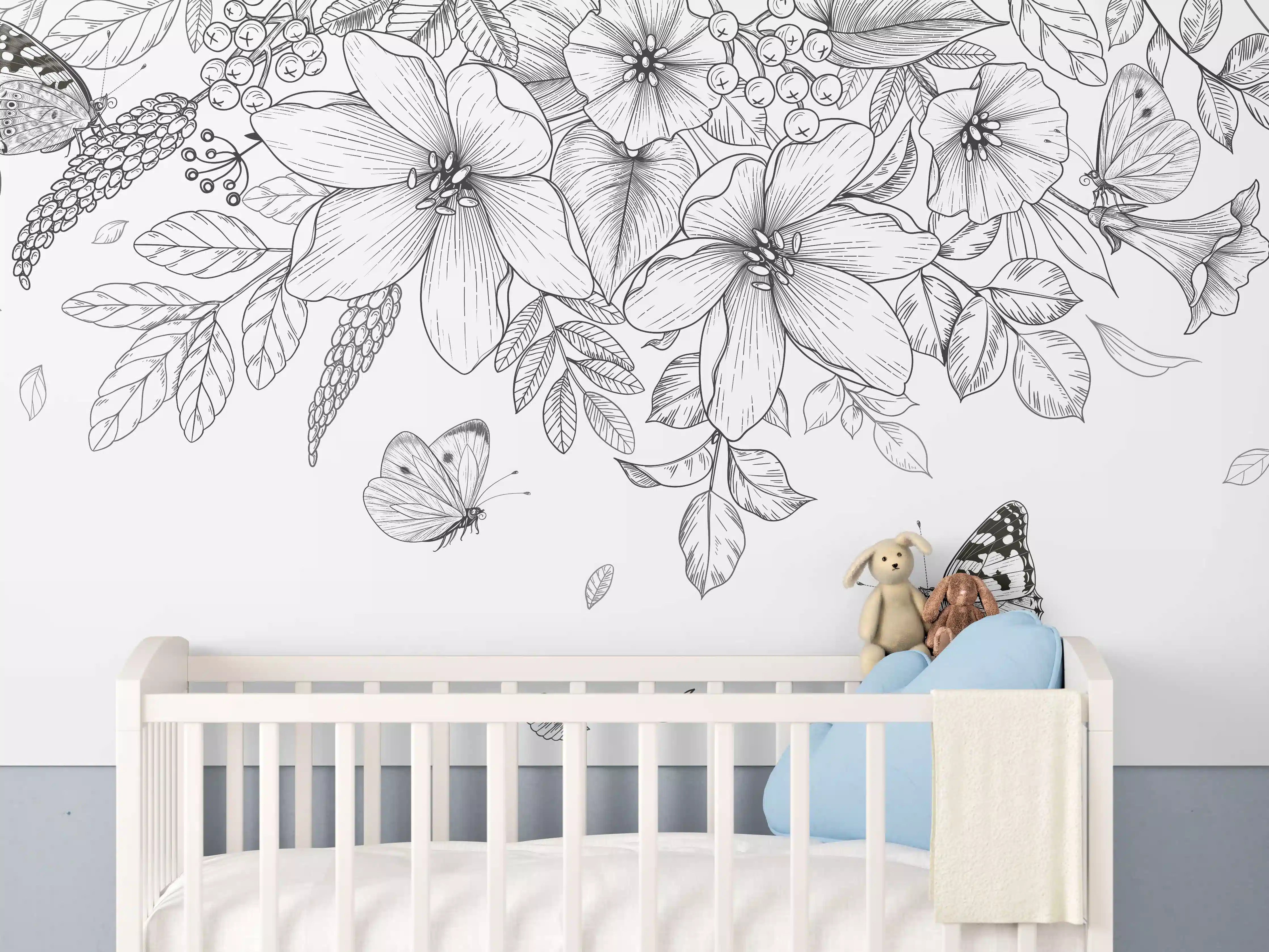Babyzimmer Wandgestaltung - Schwarz-Weiß Floralzeichnung