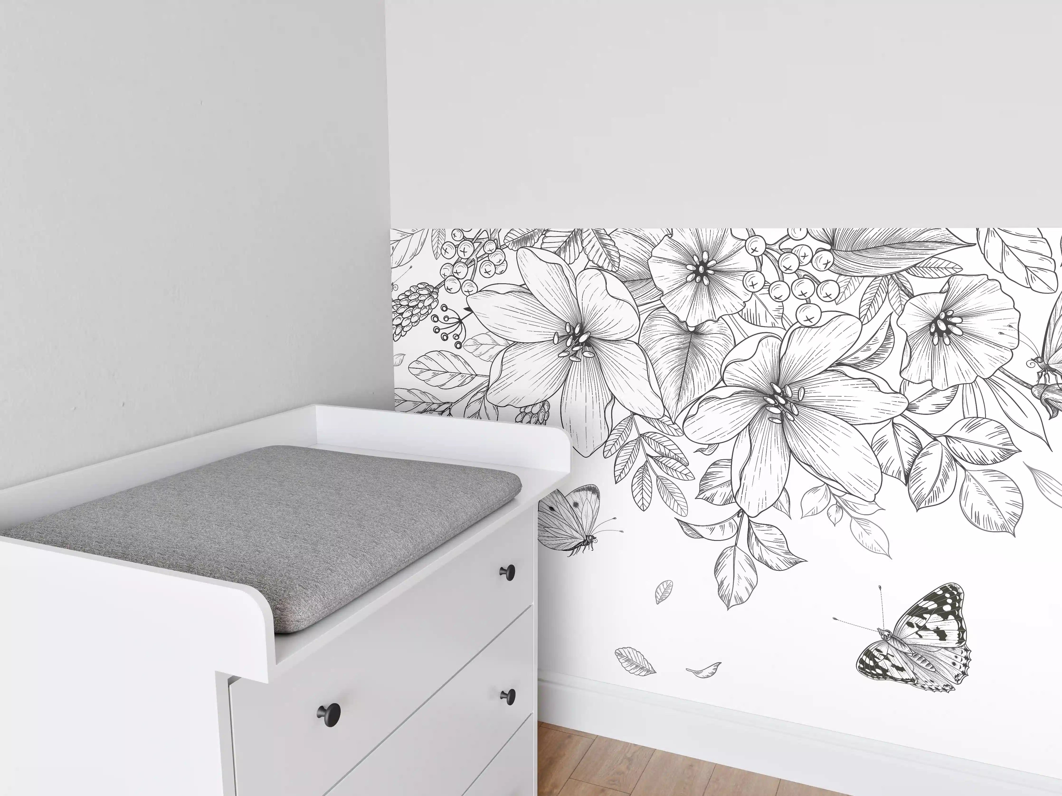 Babyzimmer Wandgestaltung - Schwarz-Weiß Floralzeichnung