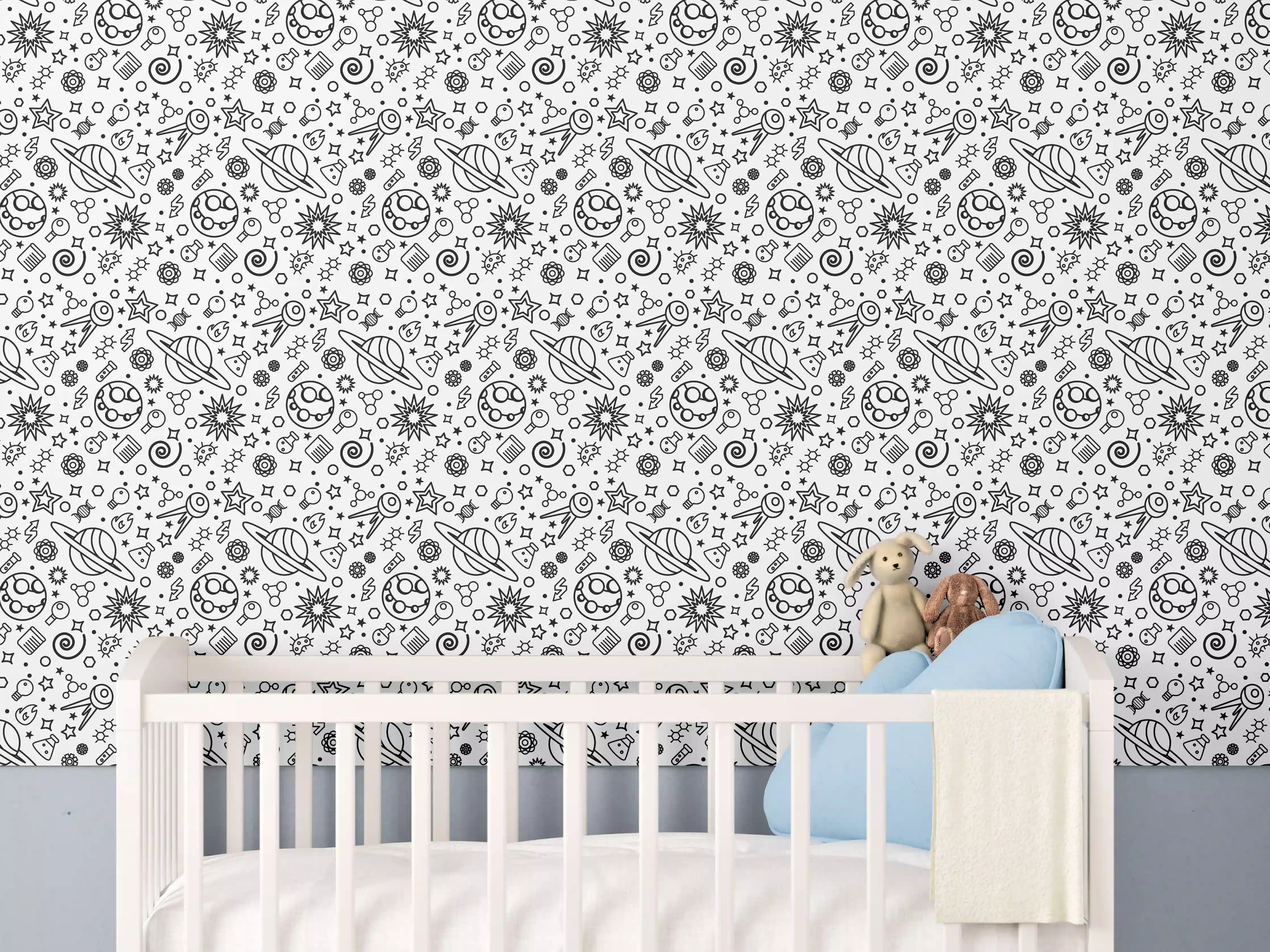 Babyzimmer Wandgestaltung - Schwarz-Weiß-Muster mit geometrischen und floral inspirierten Elementen