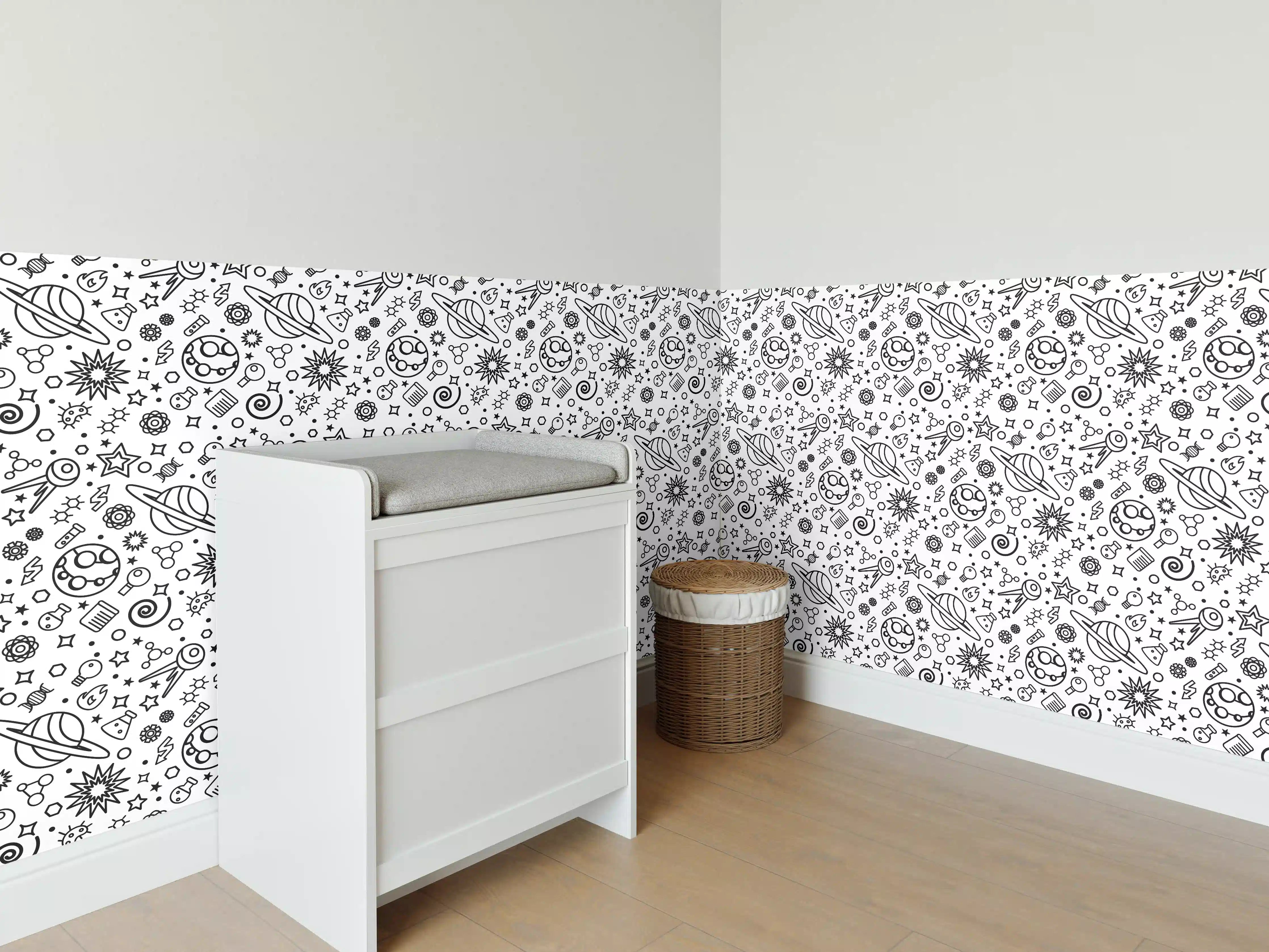 Babyzimmer Wandgestaltung - Schwarz-Weiß-Muster mit geometrischen und floral inspirierten Elementen