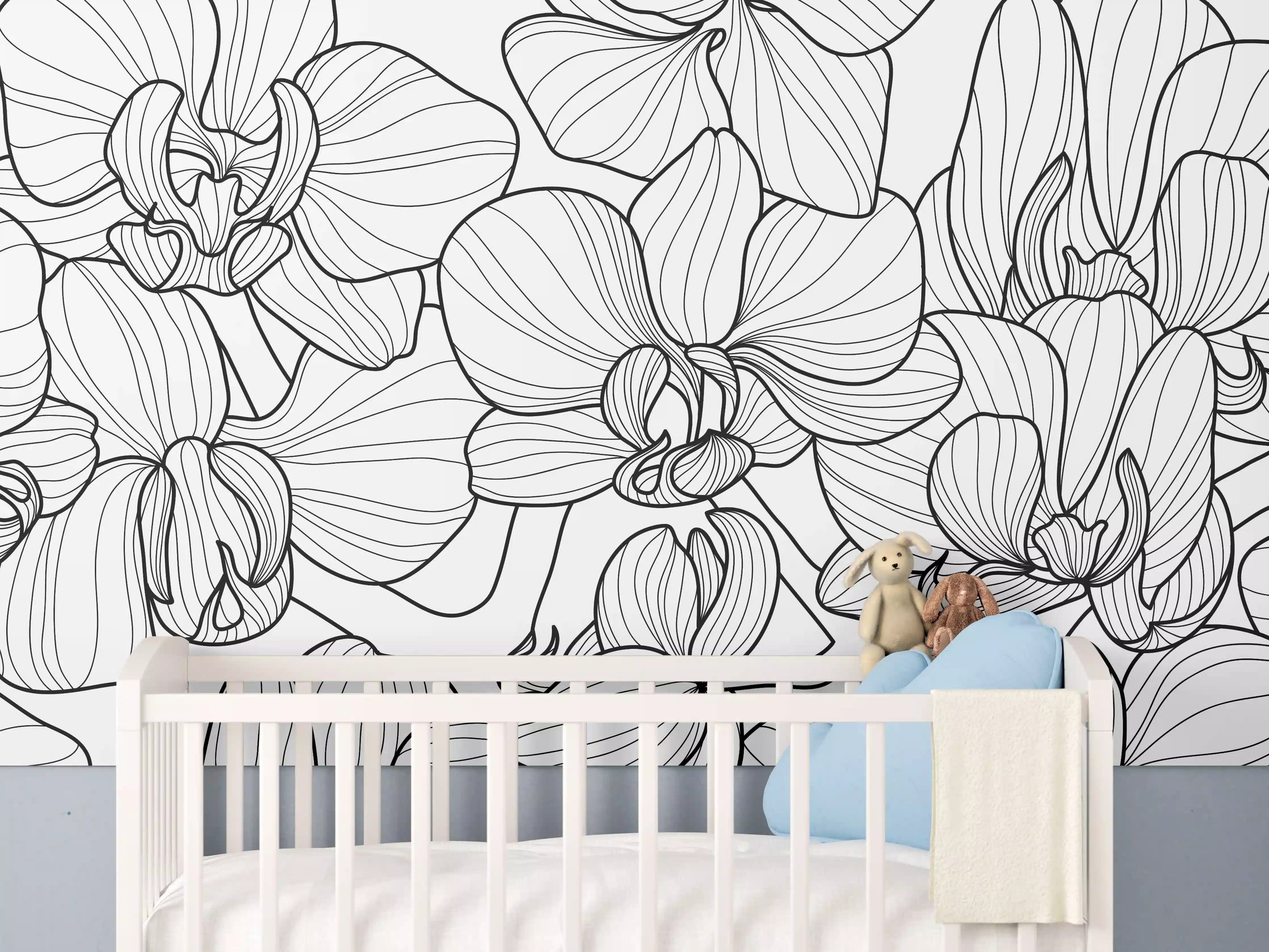 Babyzimmer Wandgestaltung - Schwarz-Weiß Orchideenzeichnung
