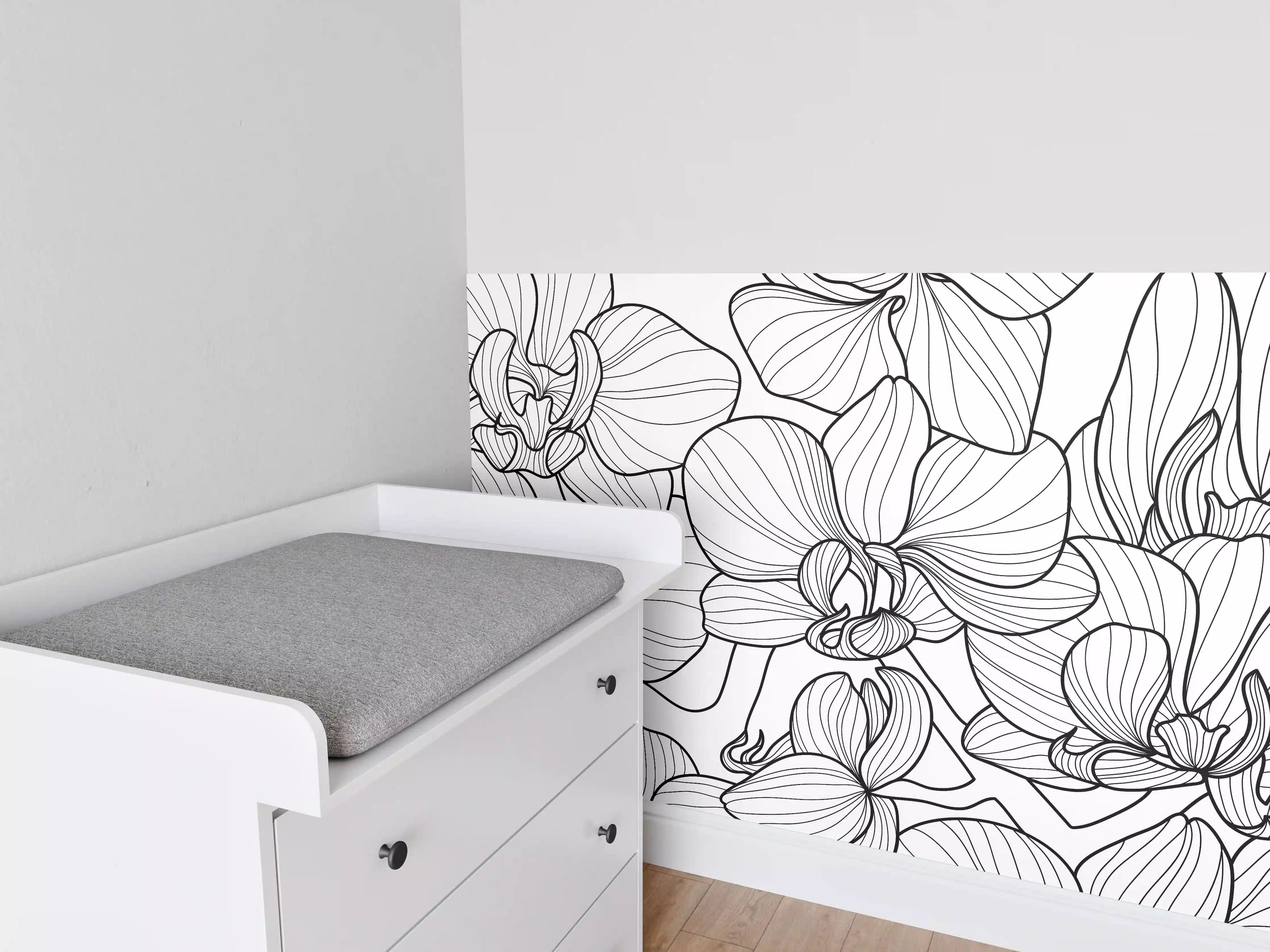 Babyzimmer Wandgestaltung - Schwarz-Weiß Orchideenzeichnung