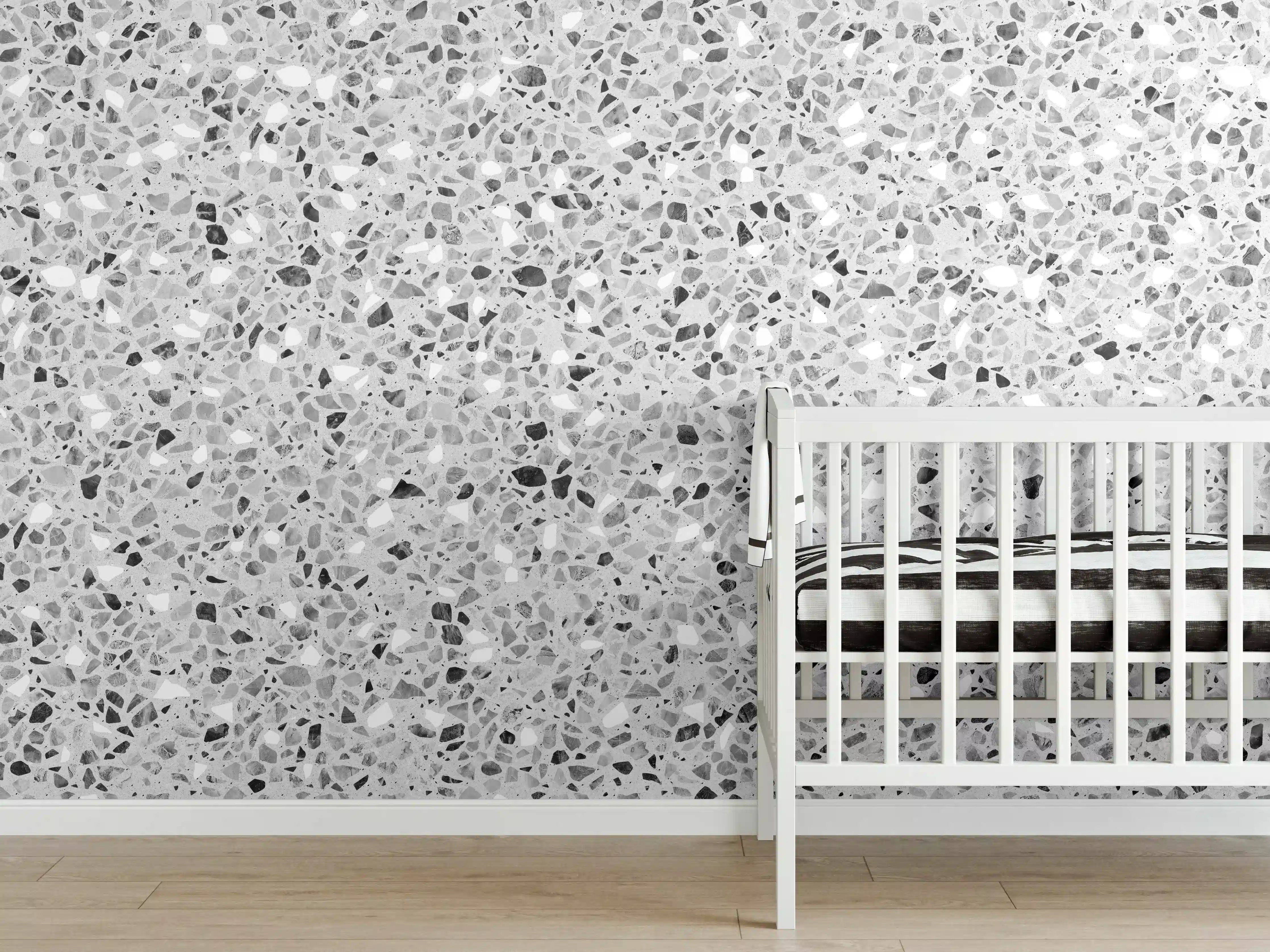 Babyzimmer Wandgestaltung - Schwarz-Weiße graue Terrazzo Stein Textur