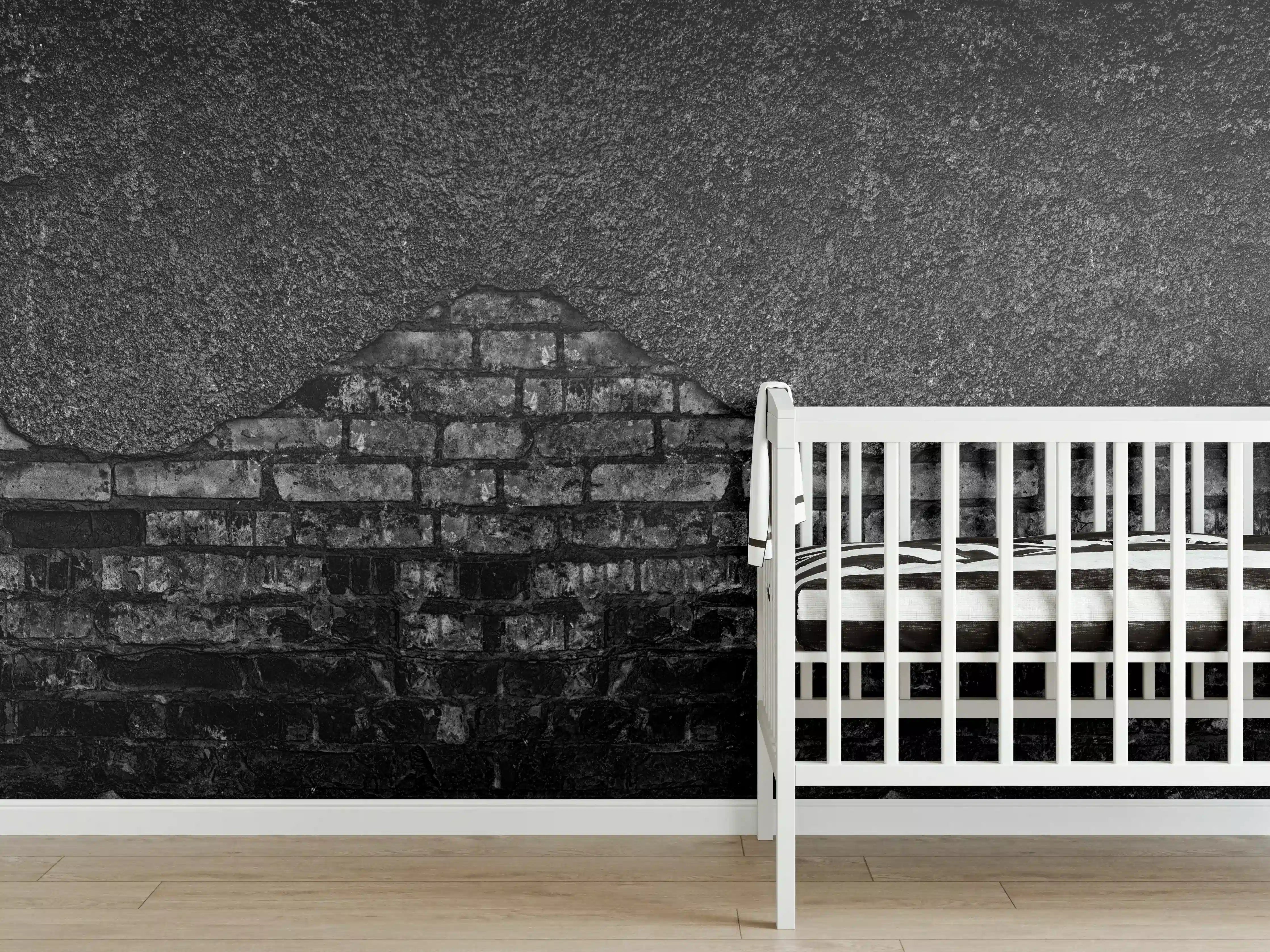 Babyzimmer Wandgestaltung - Schwarz gebrannte Ziegelwand mit abgefallenem Putz