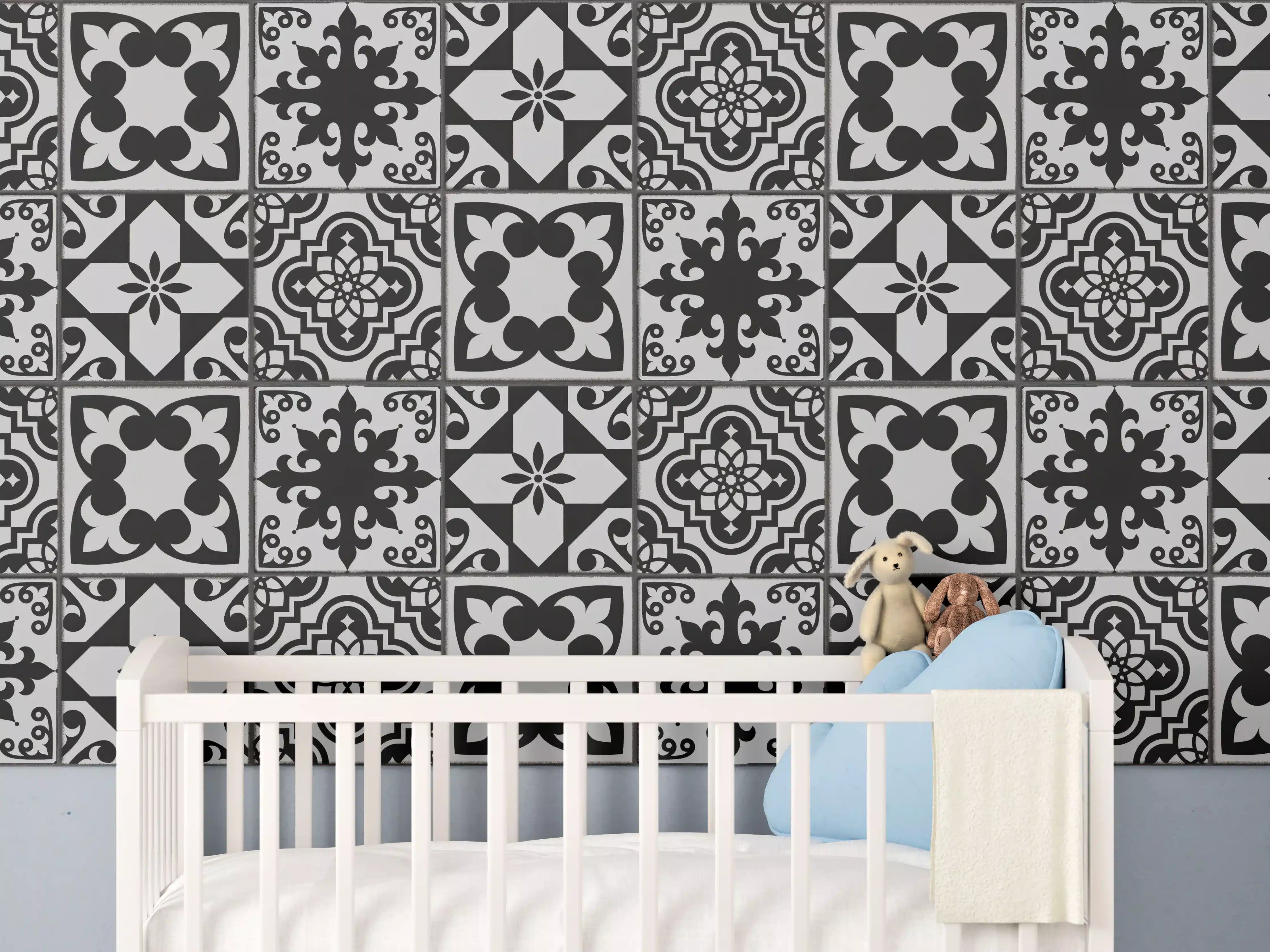 Babyzimmer Wandgestaltung - Schwarz-grau Vintage Fliesen