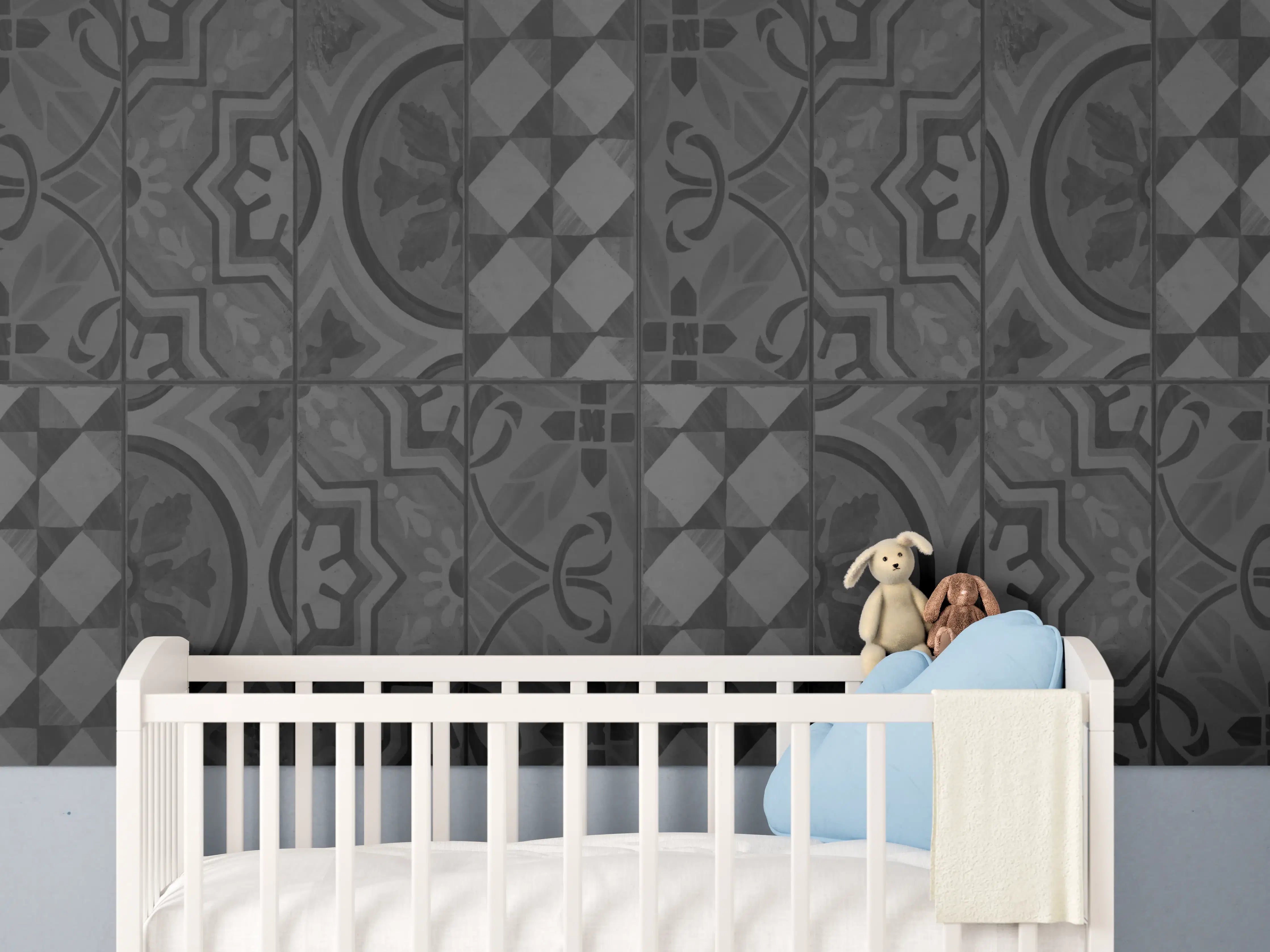 Babyzimmer Wandgestaltung - Schwarze geometrisch rechteckige Fliesen