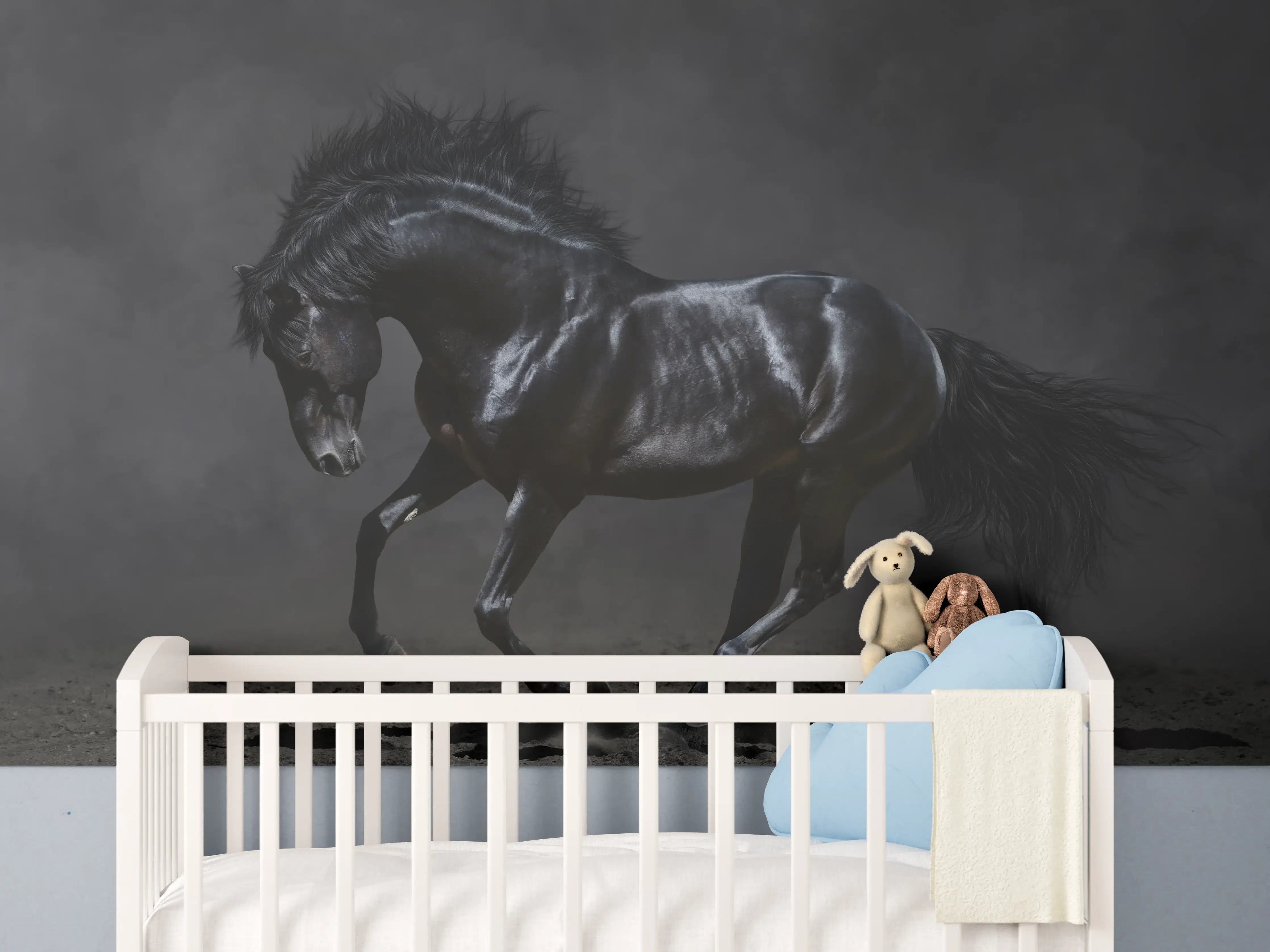 Babyzimmer Wandgestaltung - Schwarzer Hengst auf dunklem Hintergrund
