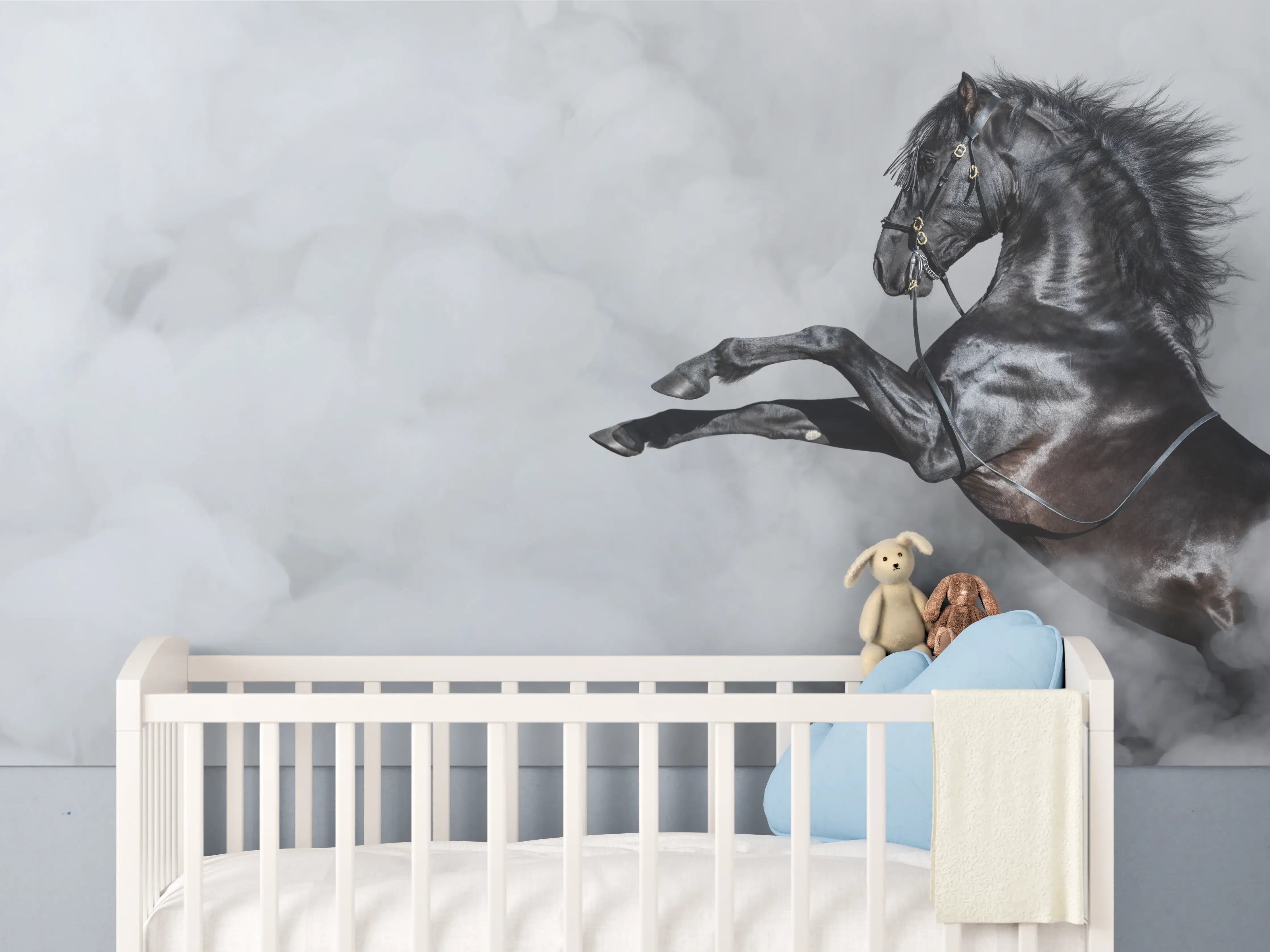 Babyzimmer Wandgestaltung - Schwarzes Pferd im Nebel Kunstbild