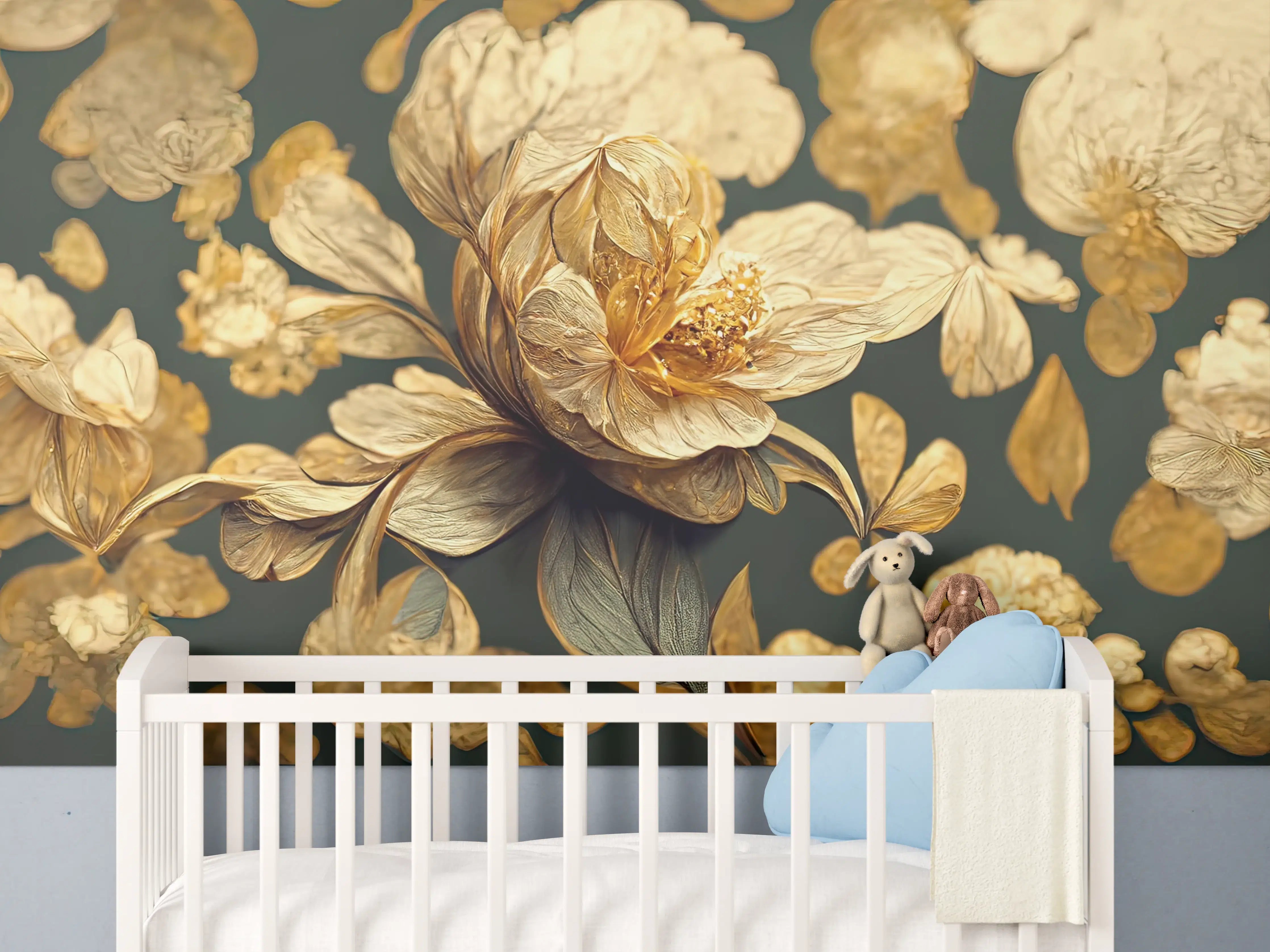 Babyzimmer Wandgestaltung - Silberne Blüten im Schatten