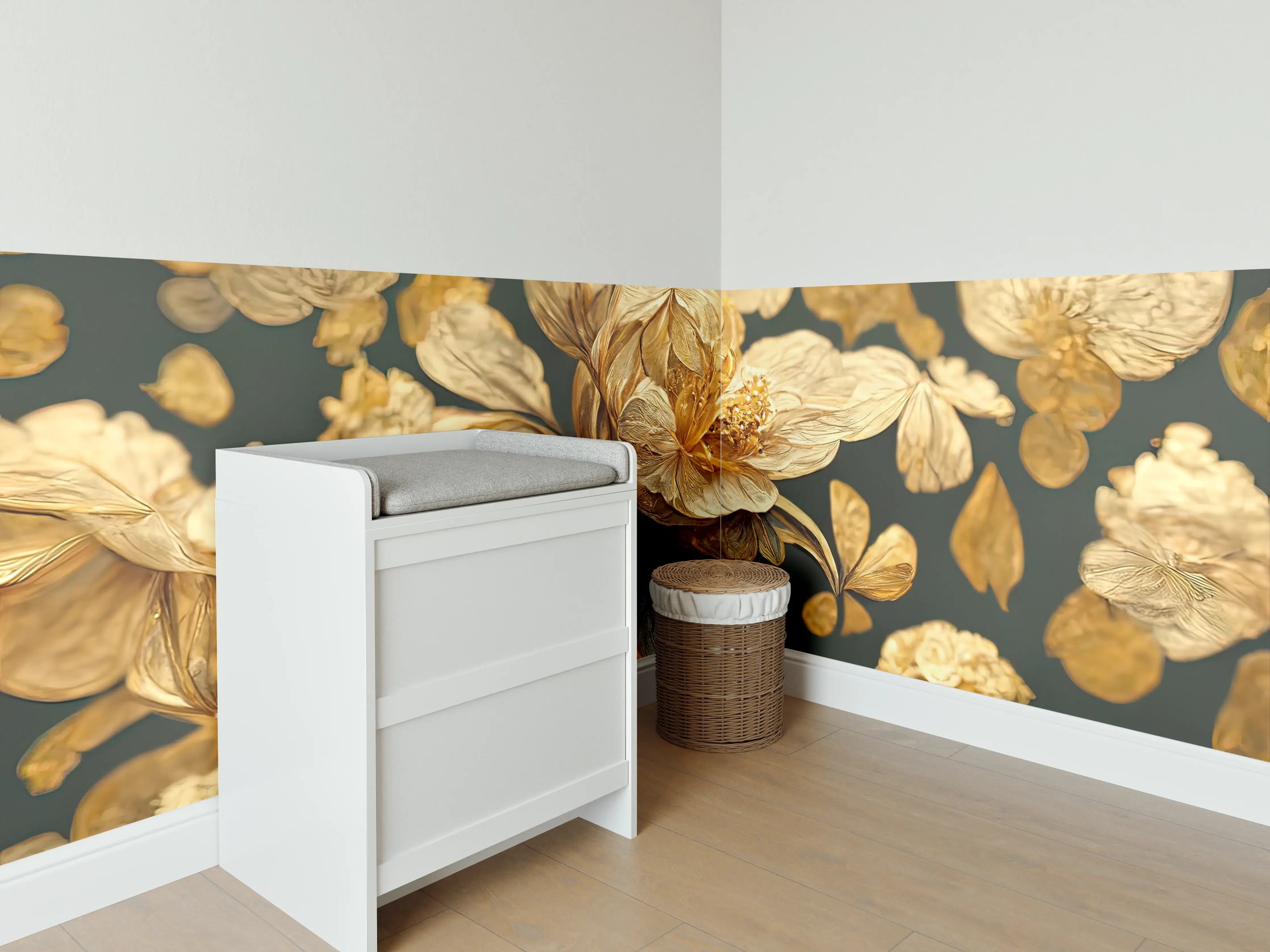 Babyzimmer Wandgestaltung - Silberne Blüten im Schatten