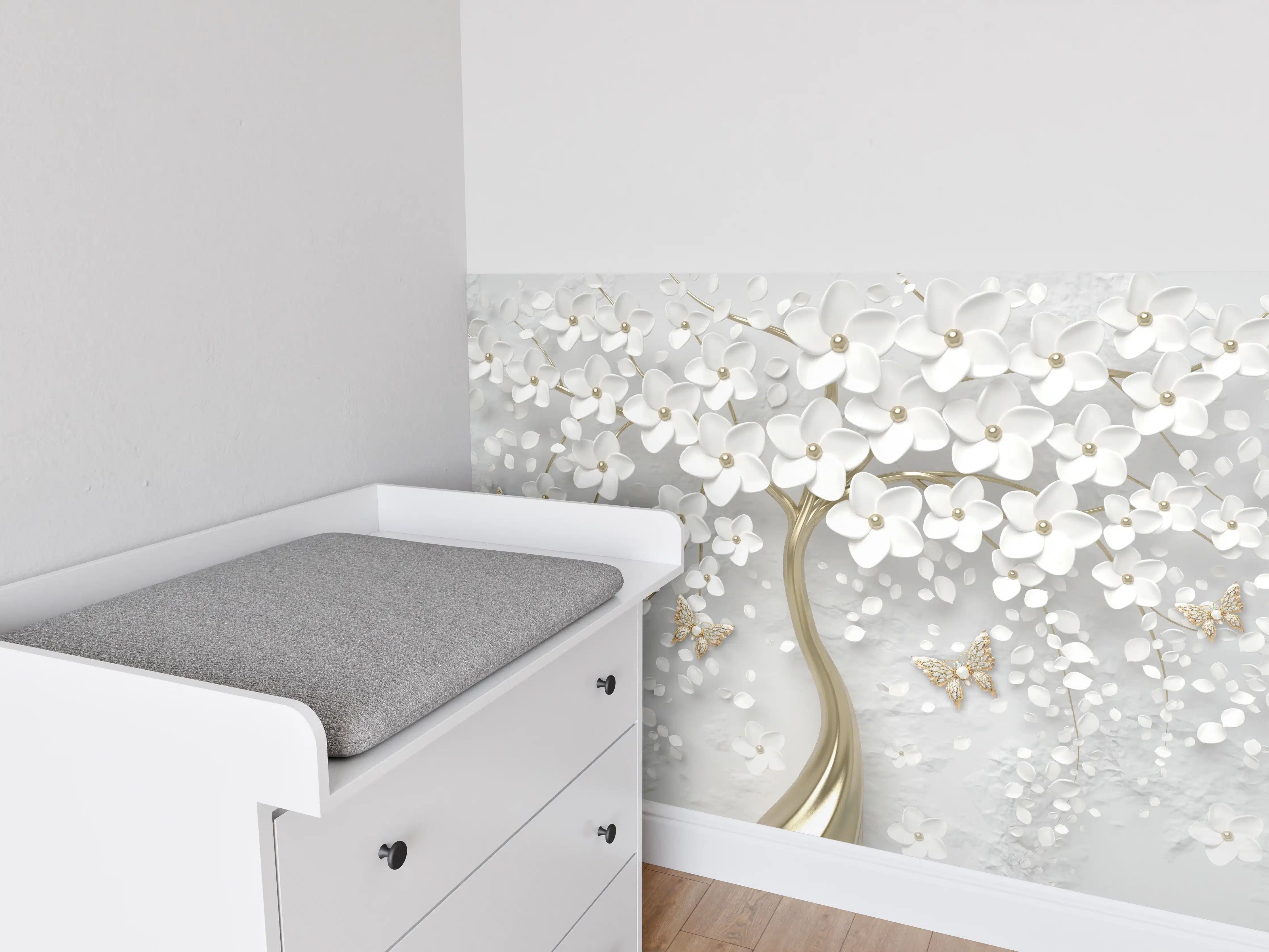 Babyzimmer Wandgestaltung - Silberner Baum - Floral
