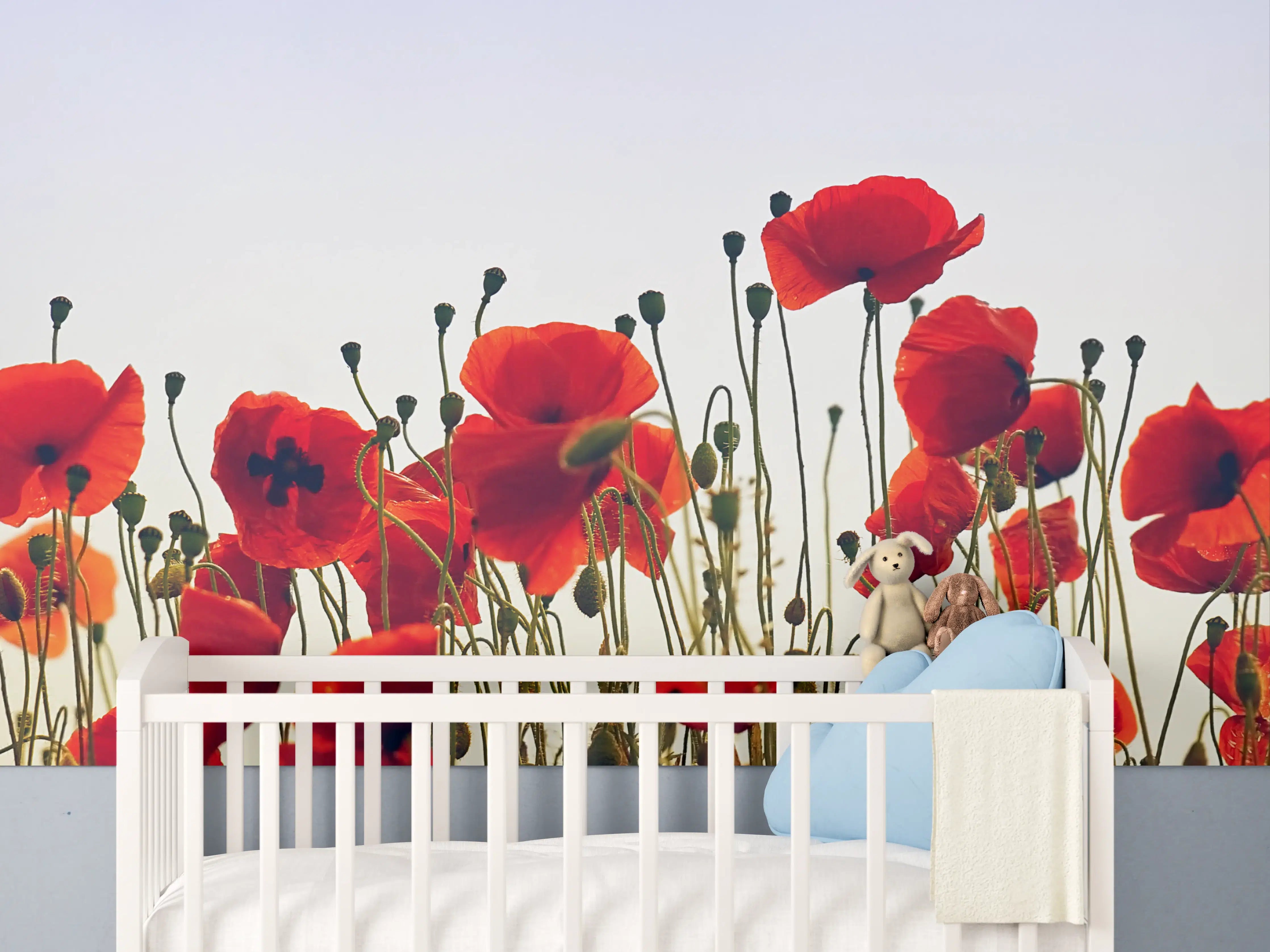 Babyzimmer Wandgestaltung - Silbrige Mohnblumen im Sonnenstrahl