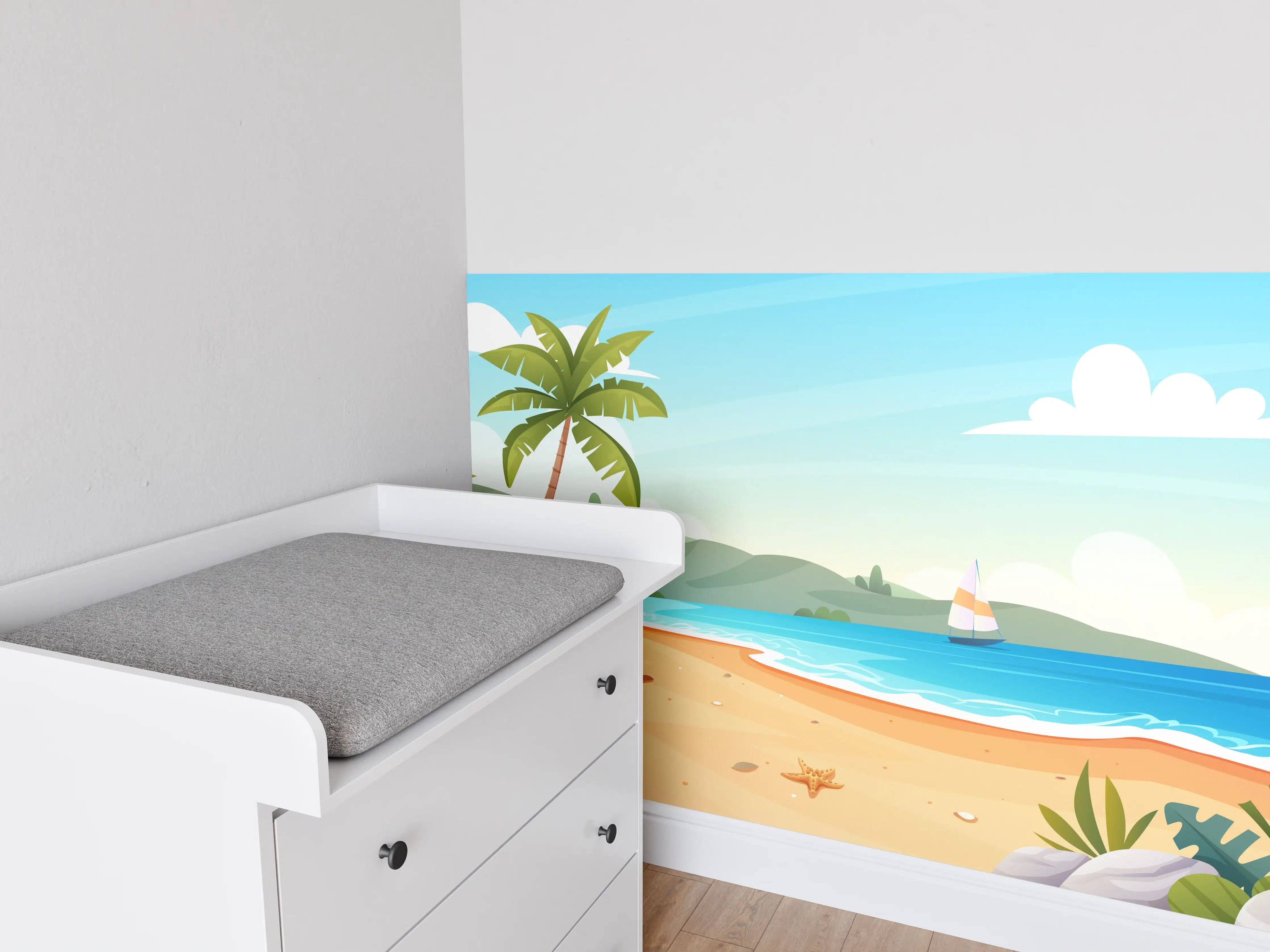 Babyzimmer Wandgestaltung - Silbriger Strand mit Palmen
