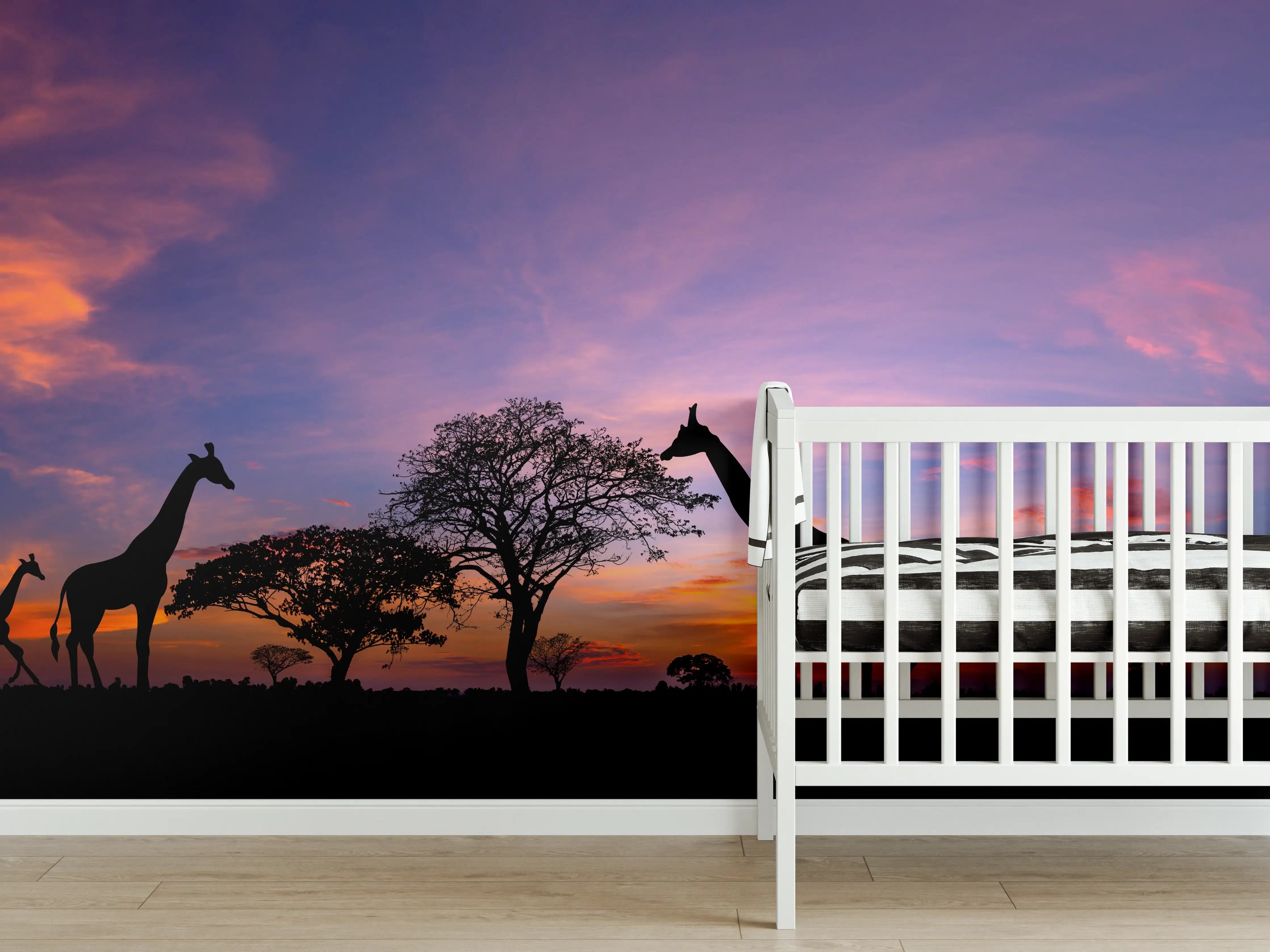 Babyzimmer Wandgestaltung - Silhouette - Giraffenfamilie bei Sonnenuntergang