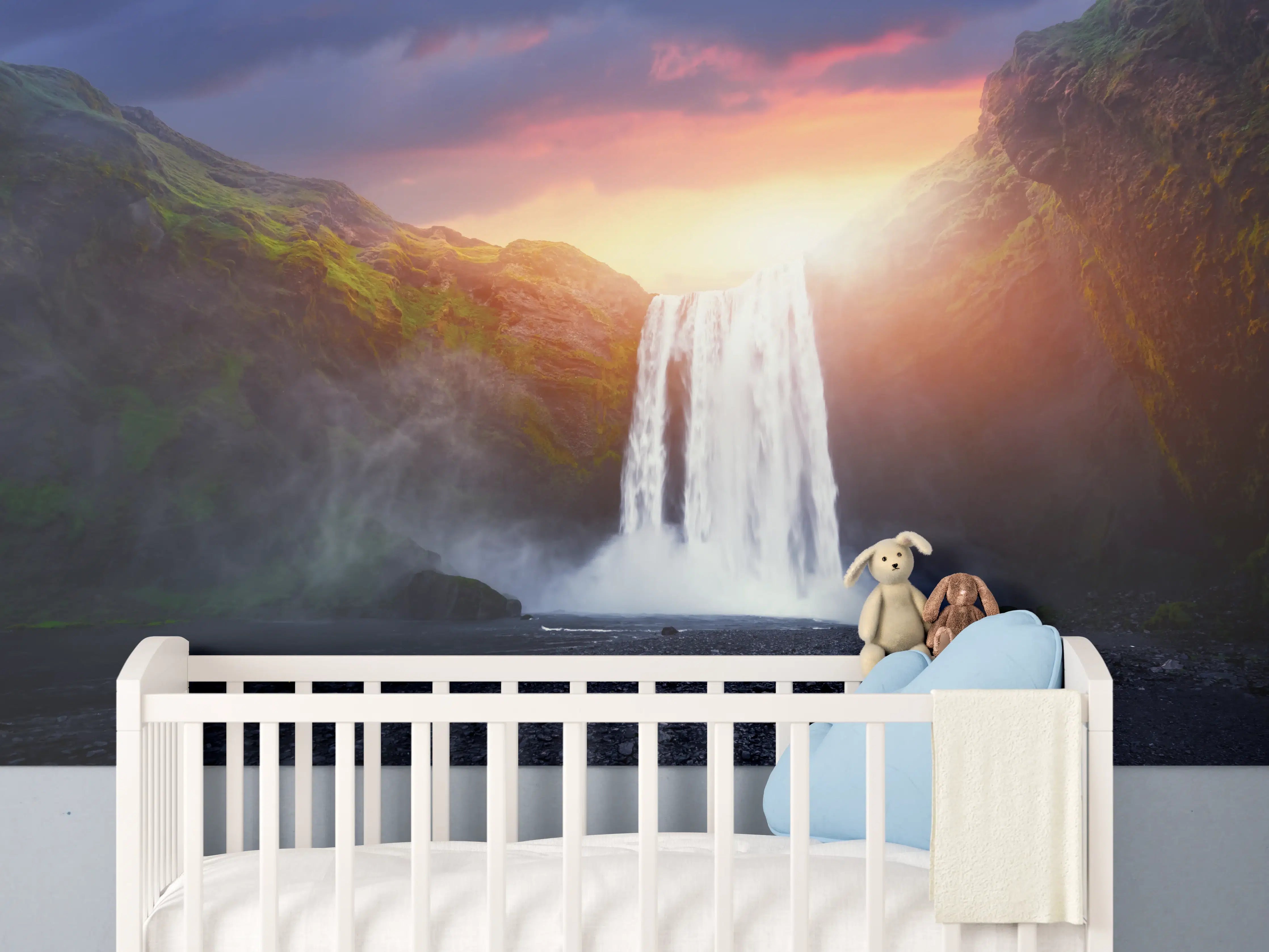 Babyzimmer Wandgestaltung - Skogafoss Wasserfall bei Sonnenuntergang