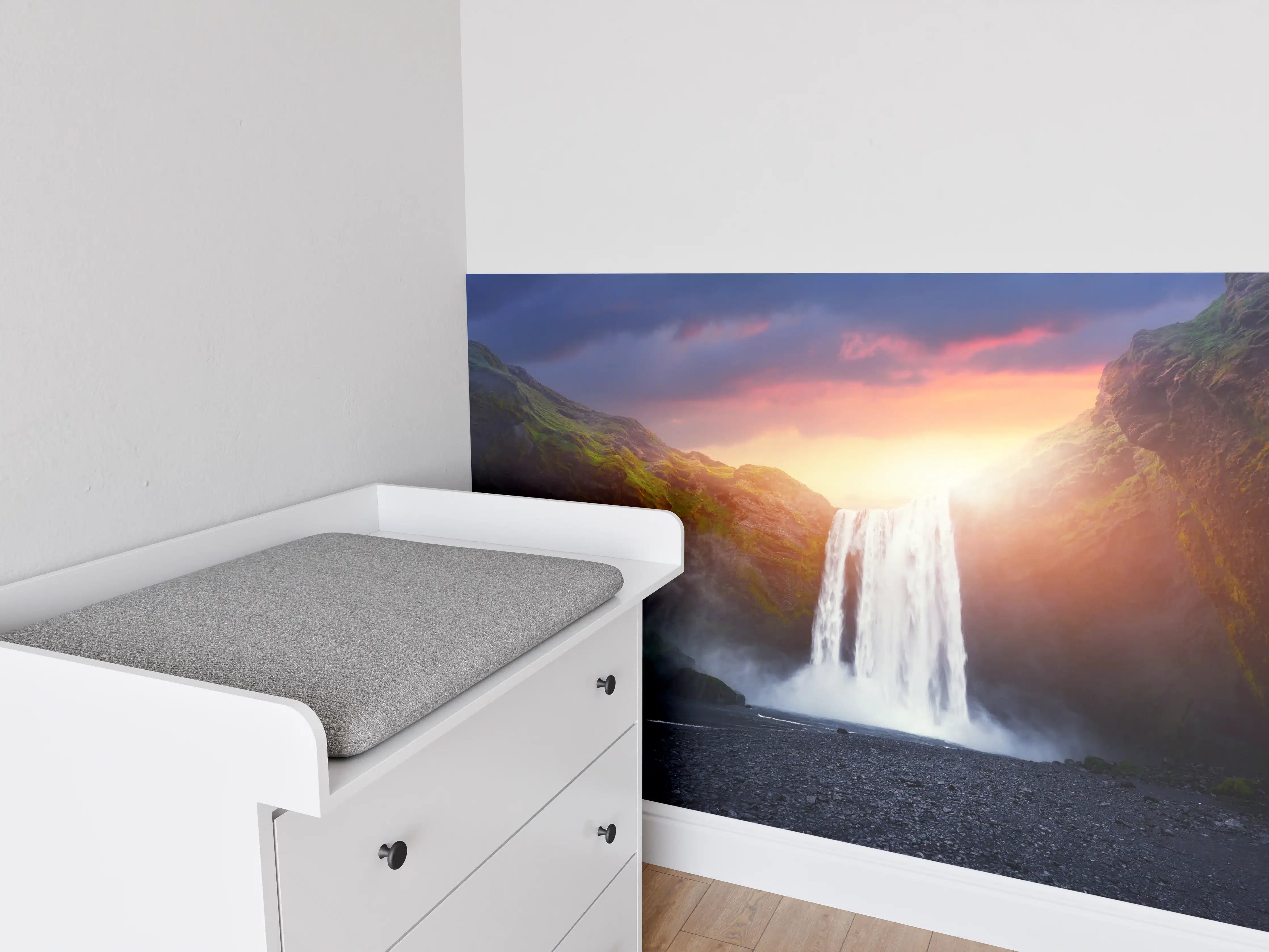 Babyzimmer Wandgestaltung - Skogafoss Wasserfall bei Sonnenuntergang