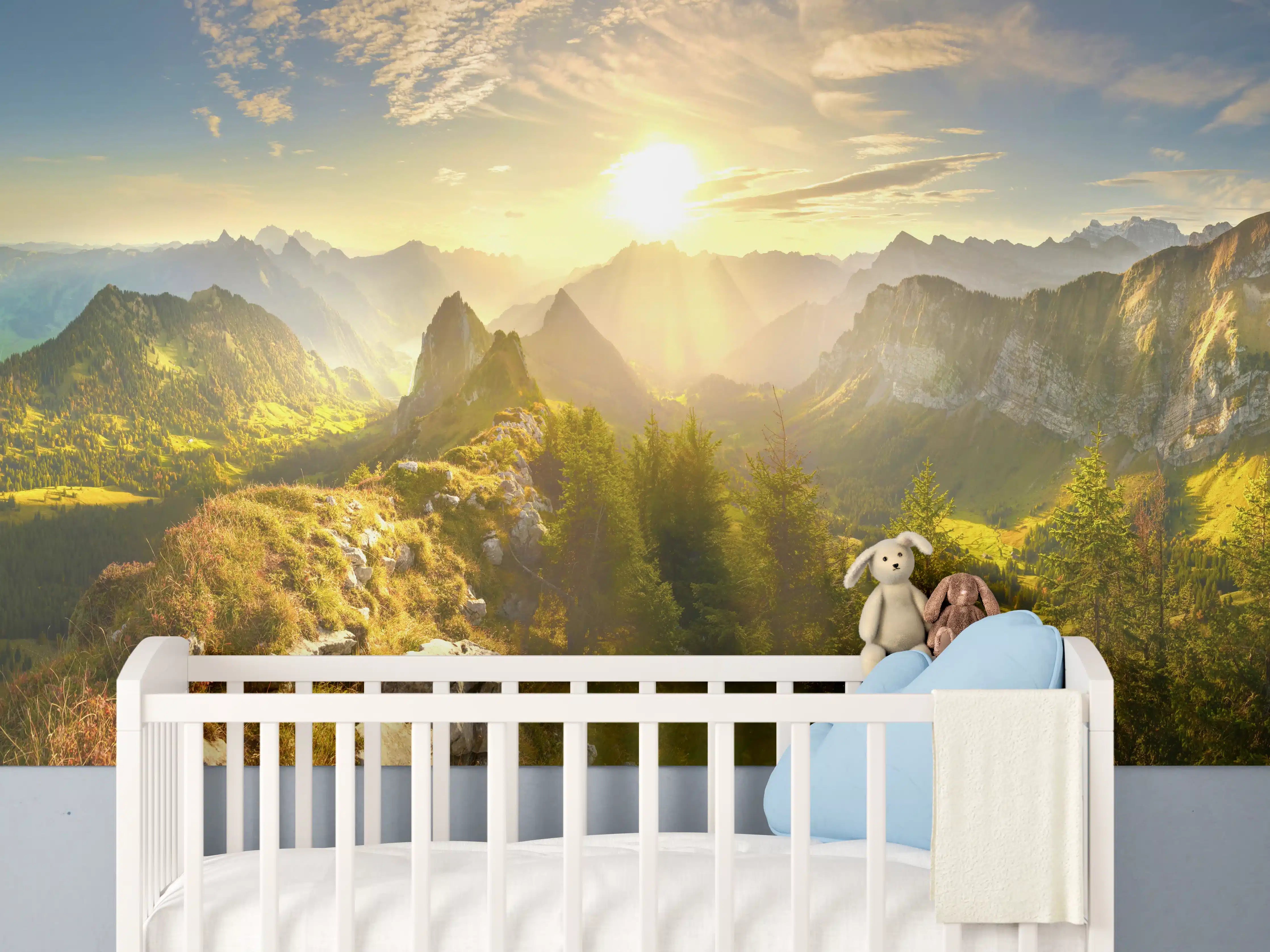Babyzimmer Wandgestaltung - Sonnenaugang über Schweizer Alpen