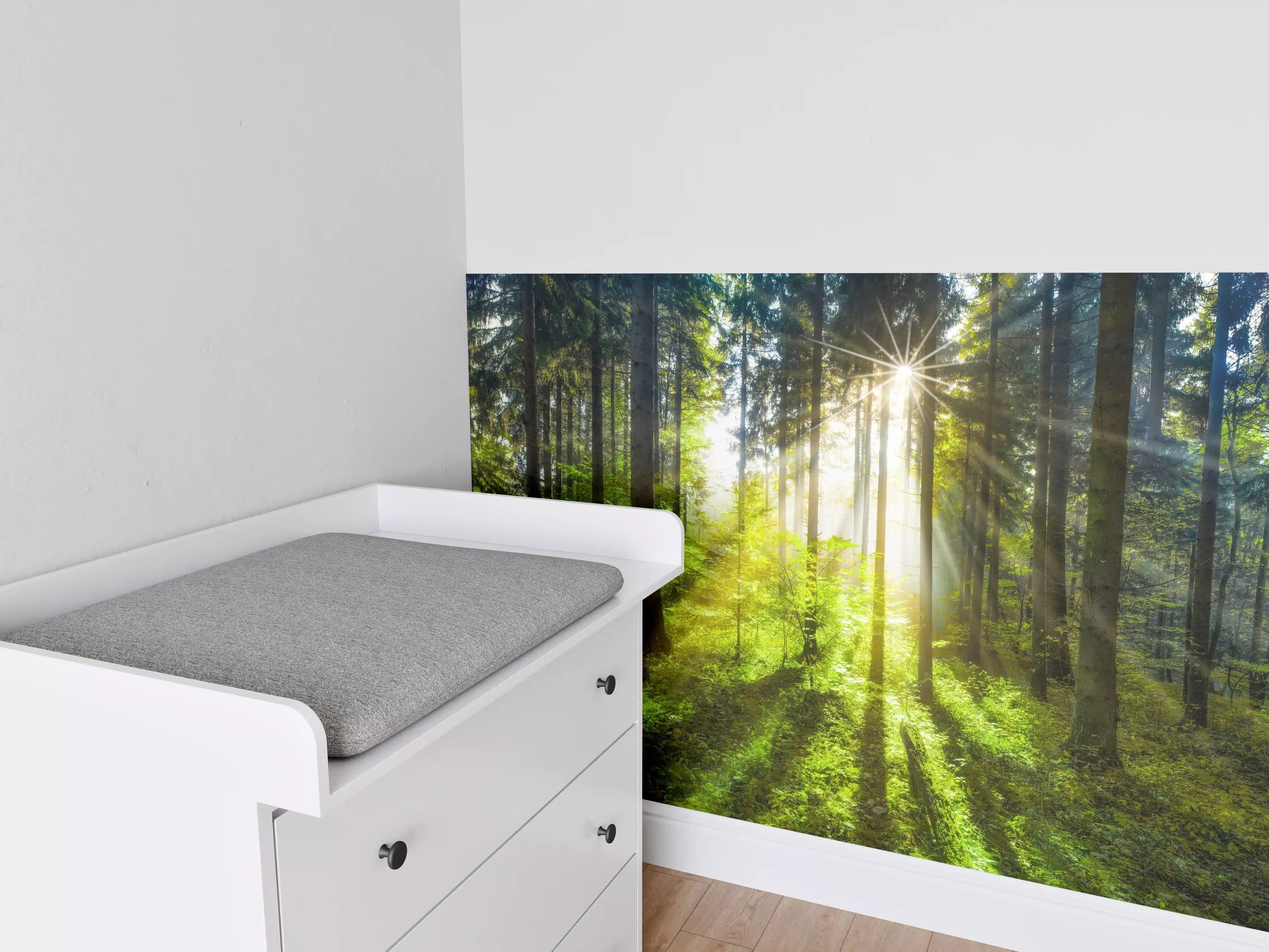 Babyzimmer Wandgestaltung - Sonnenstrahlen im lebendigem Wald 