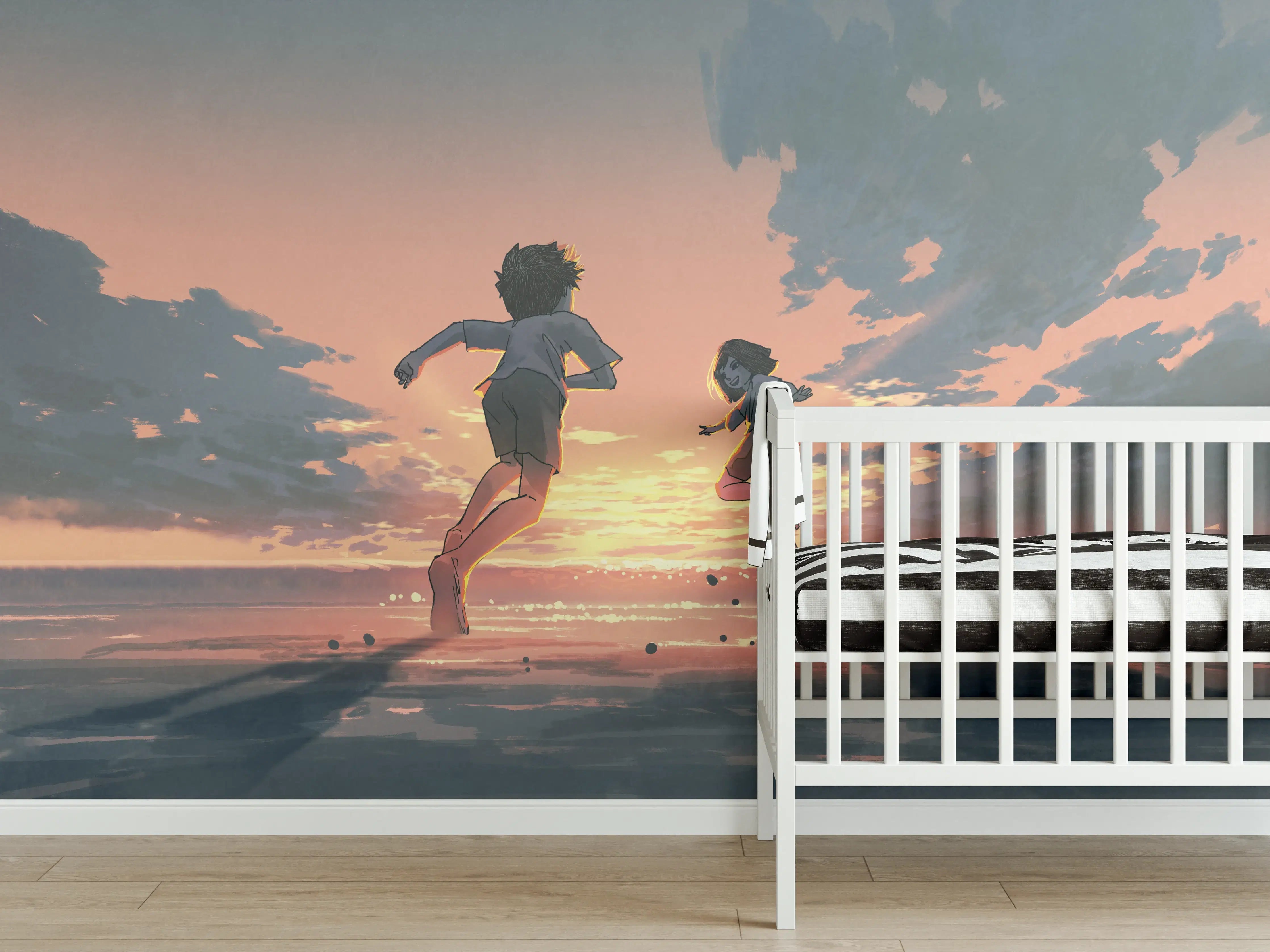 Babyzimmer Wandgestaltung - Sonnenuntergang Kinder Silhouetten