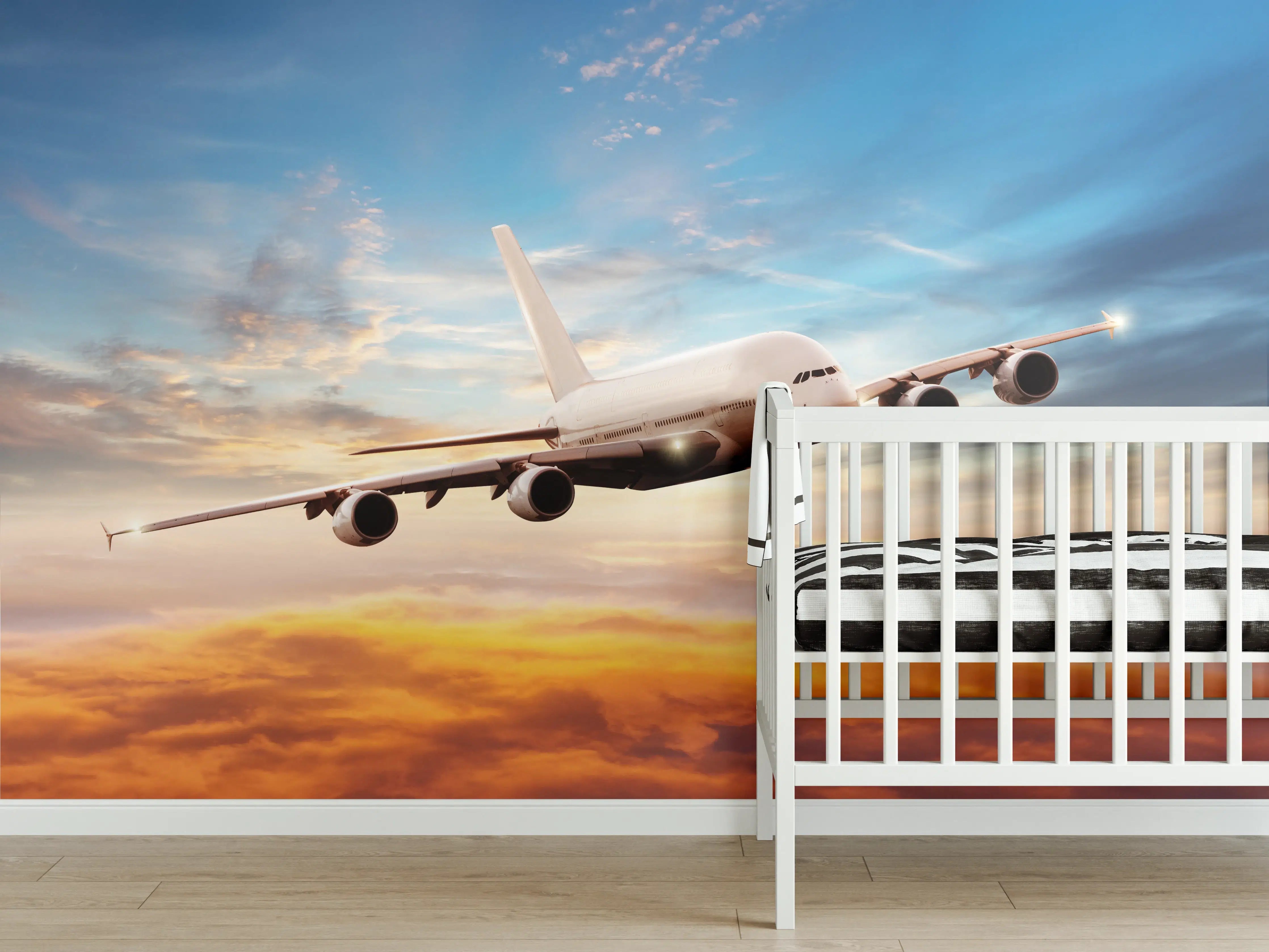 Babyzimmer Wandgestaltung - Sonnenuntergang mit Passagierjet
