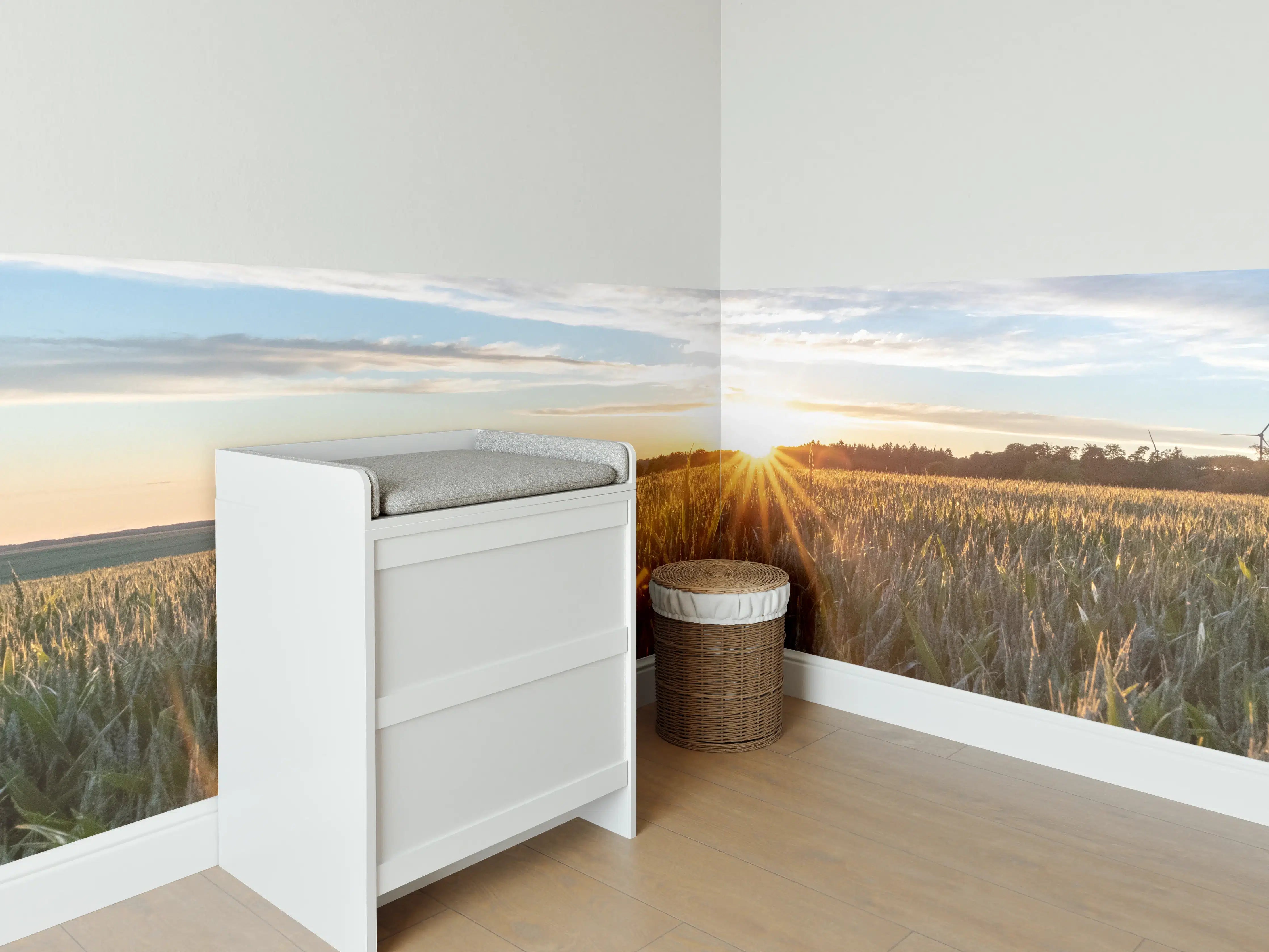 Babyzimmer Wandgestaltung - Sonnenuntergang über einem Kornfeld