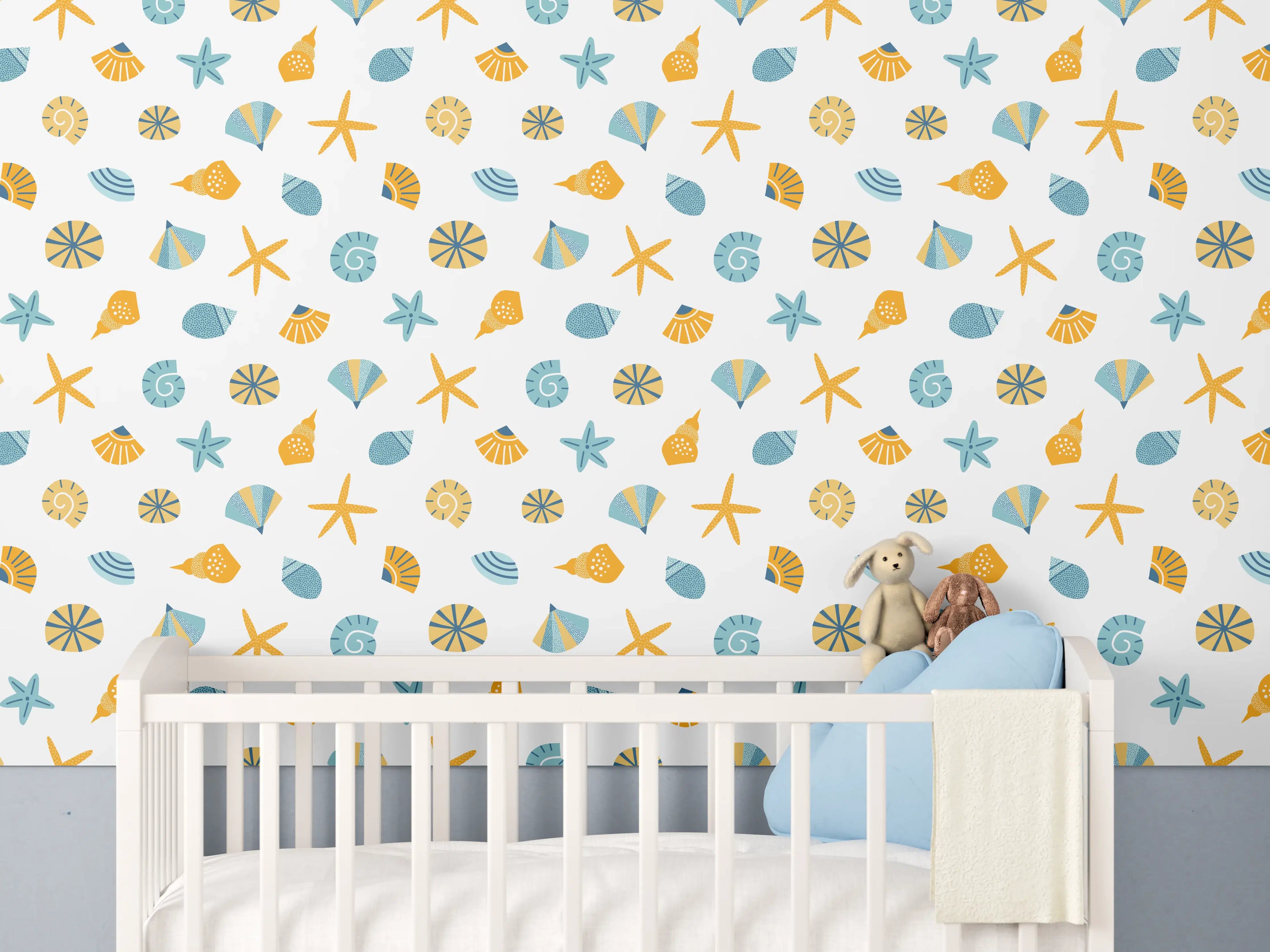 Babyzimmer Wandgestaltung - Sonniger Strand mit Muscheln und Sternen