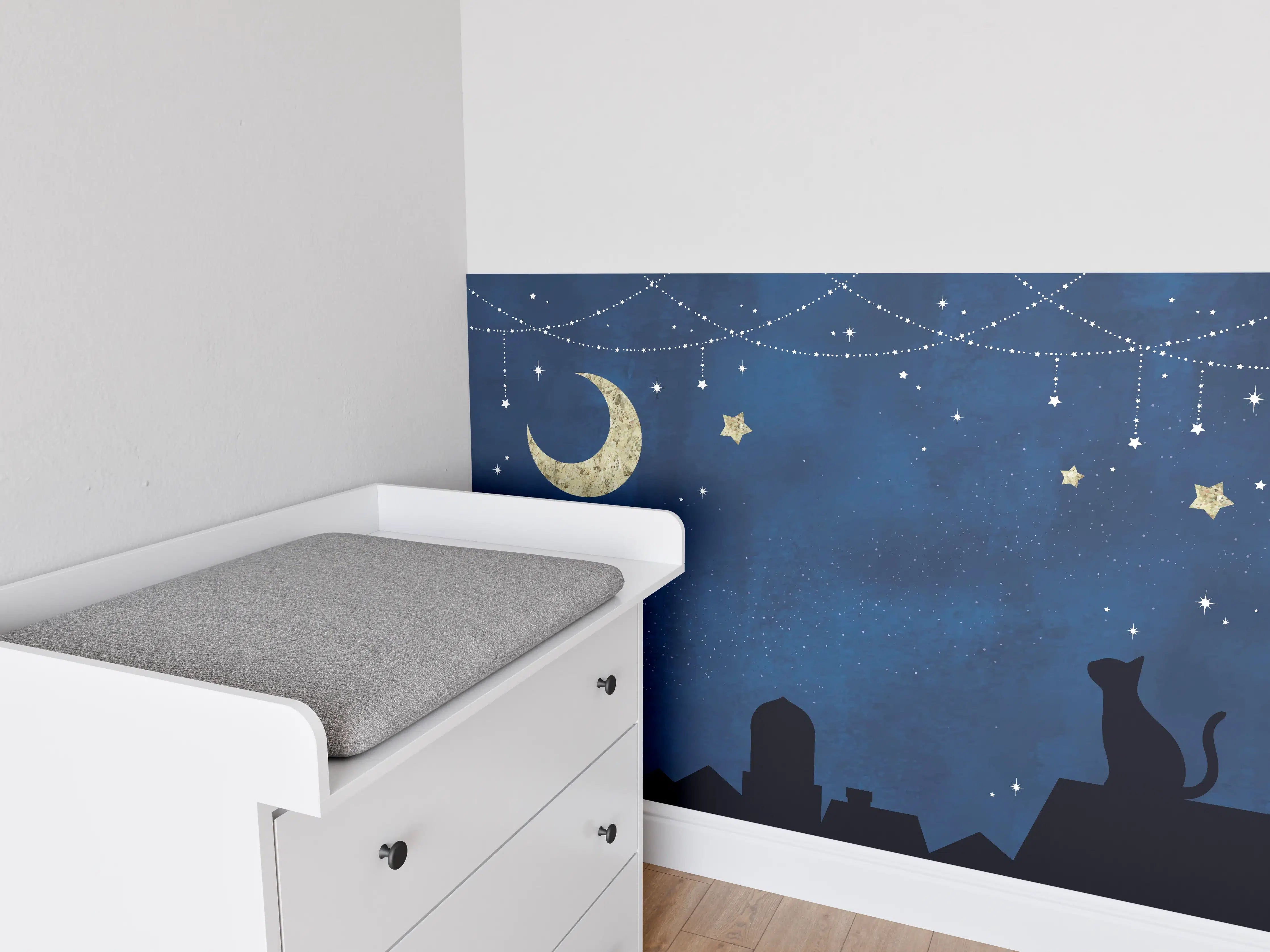 Babyzimmer Wandgestaltung - Sternenhimmel Katzensilhouette