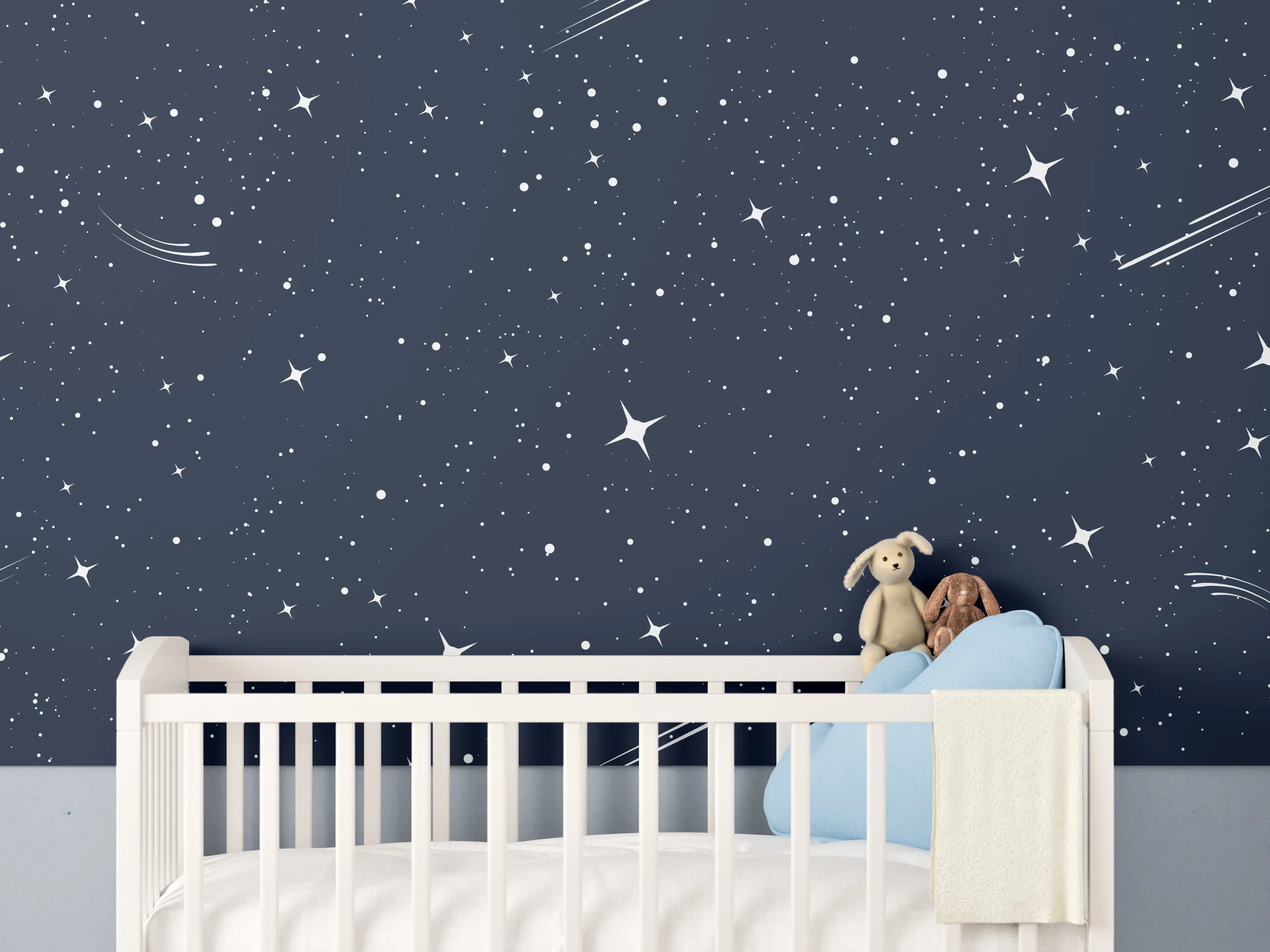 Babyzimmer Wandgestaltung - Sternenhimmel in Dunkelblau mit Sternen und Meteoren