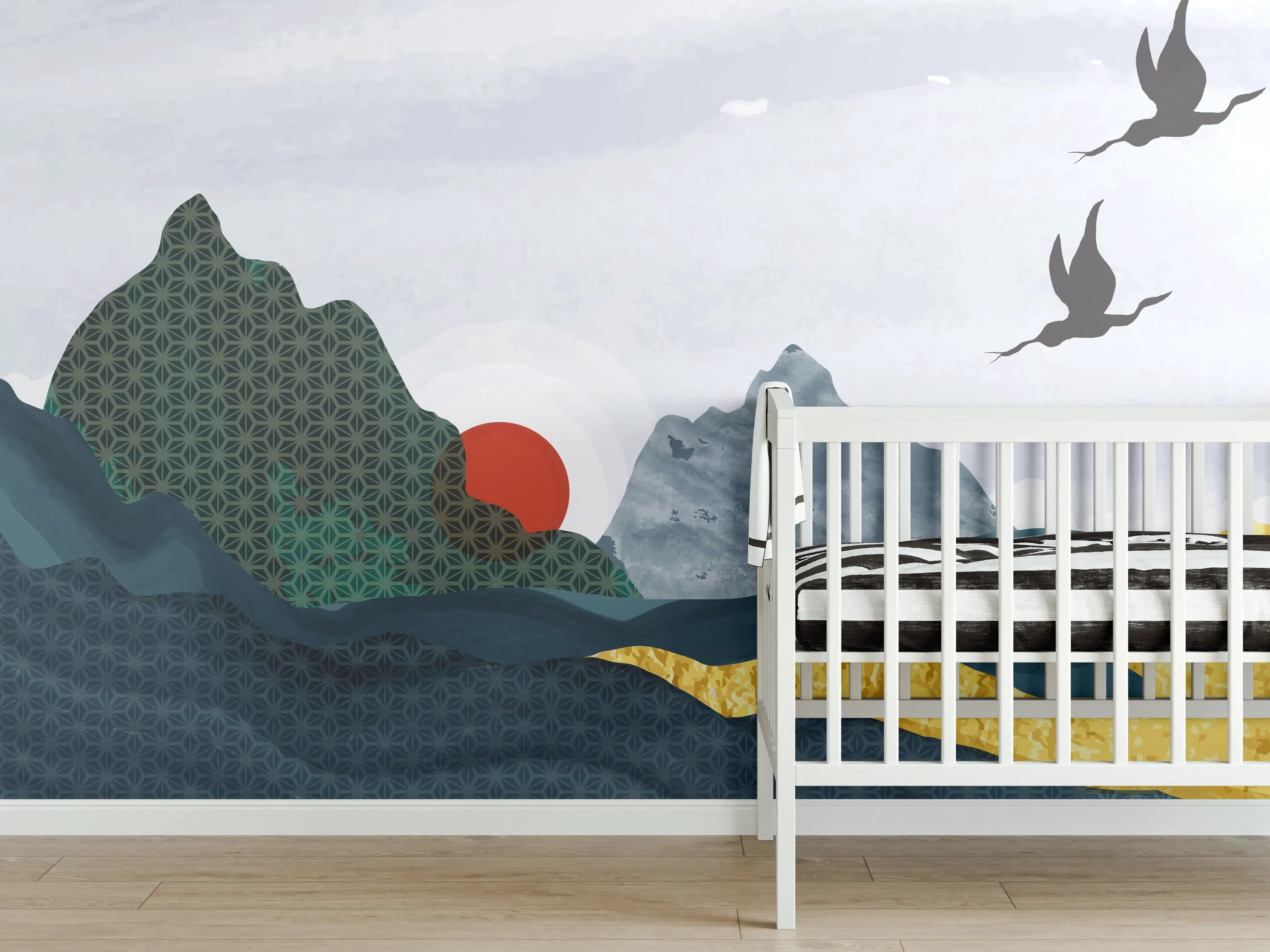 Babyzimmer Wandgestaltung - Stilvolle Berglandschaft bei Sonnenuntergang