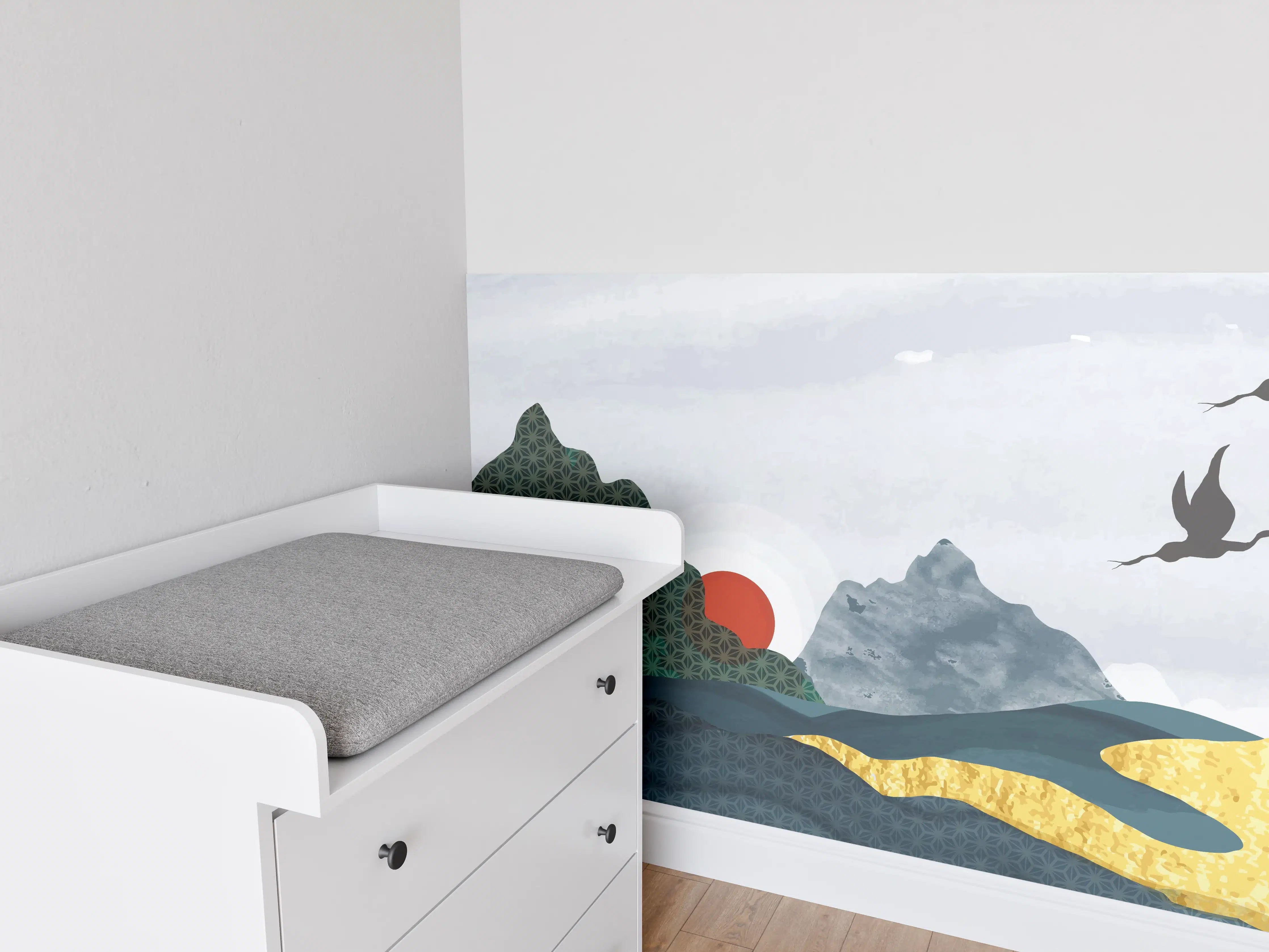 Babyzimmer Wandgestaltung - Stilvolle Berglandschaft bei Sonnenuntergang