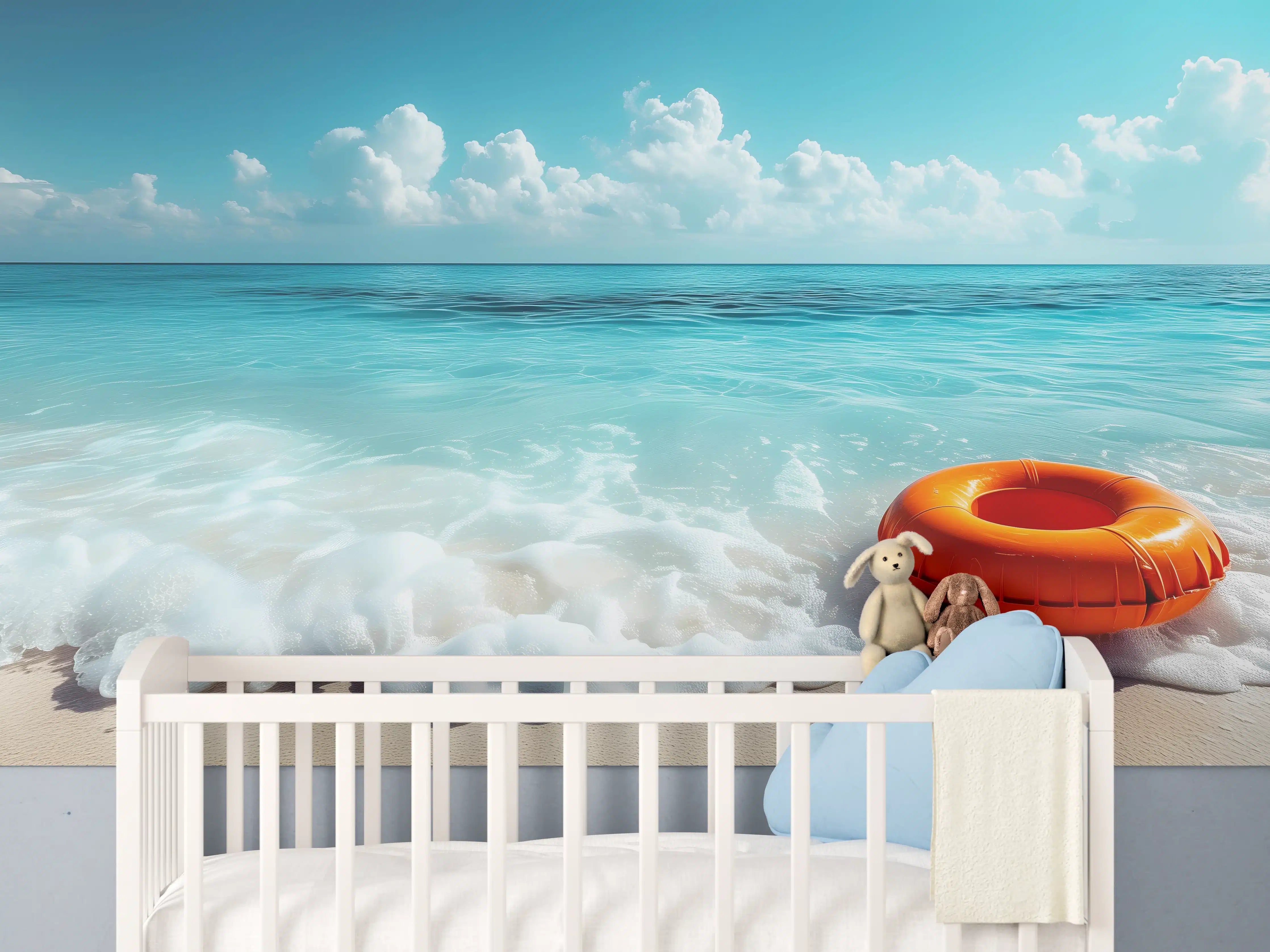 Babyzimmer Wandgestaltung - Strand mit orangefarbener Schwimmringe