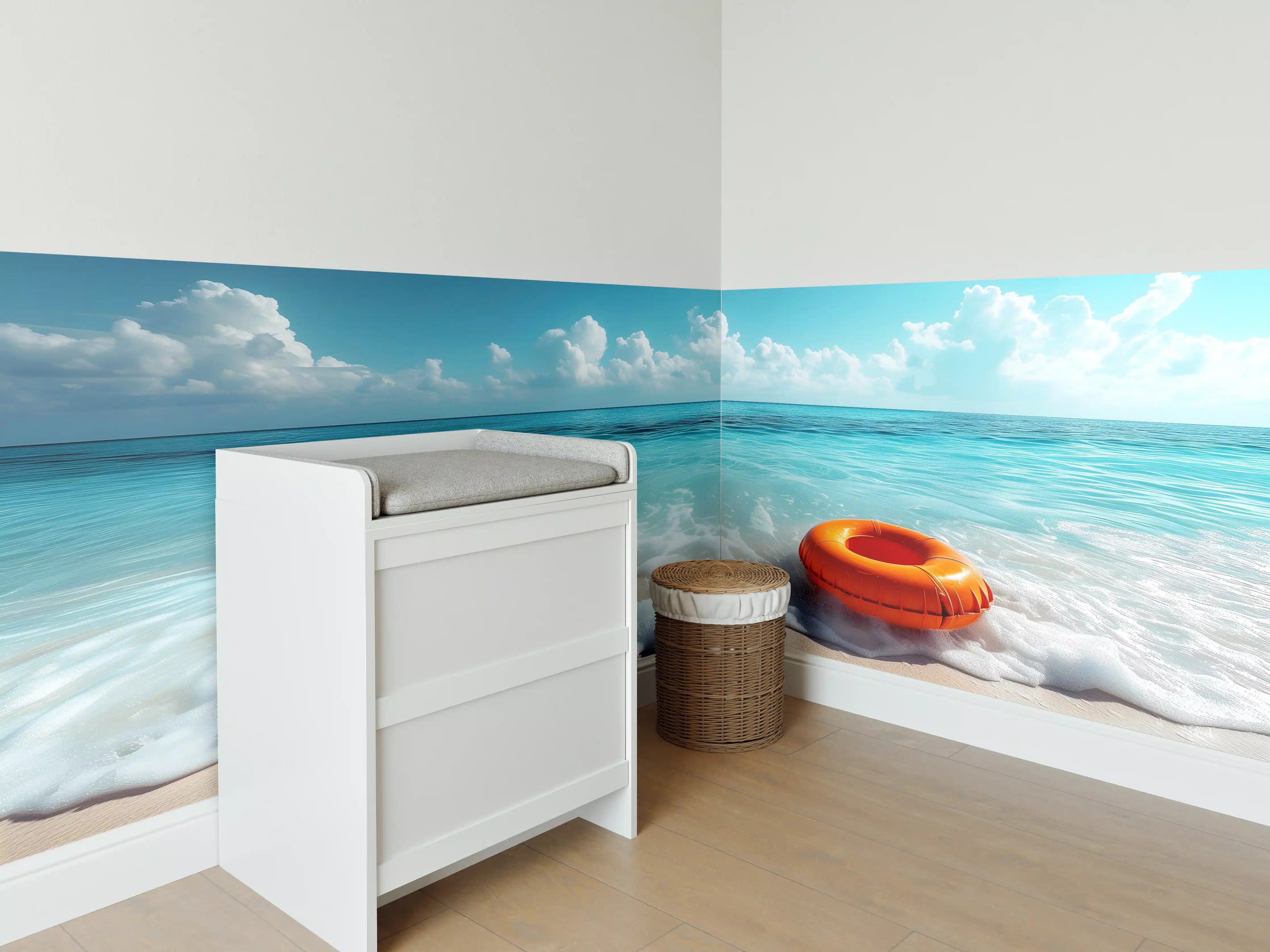 Babyzimmer Wandgestaltung - Strand mit orangefarbener Schwimmringe
