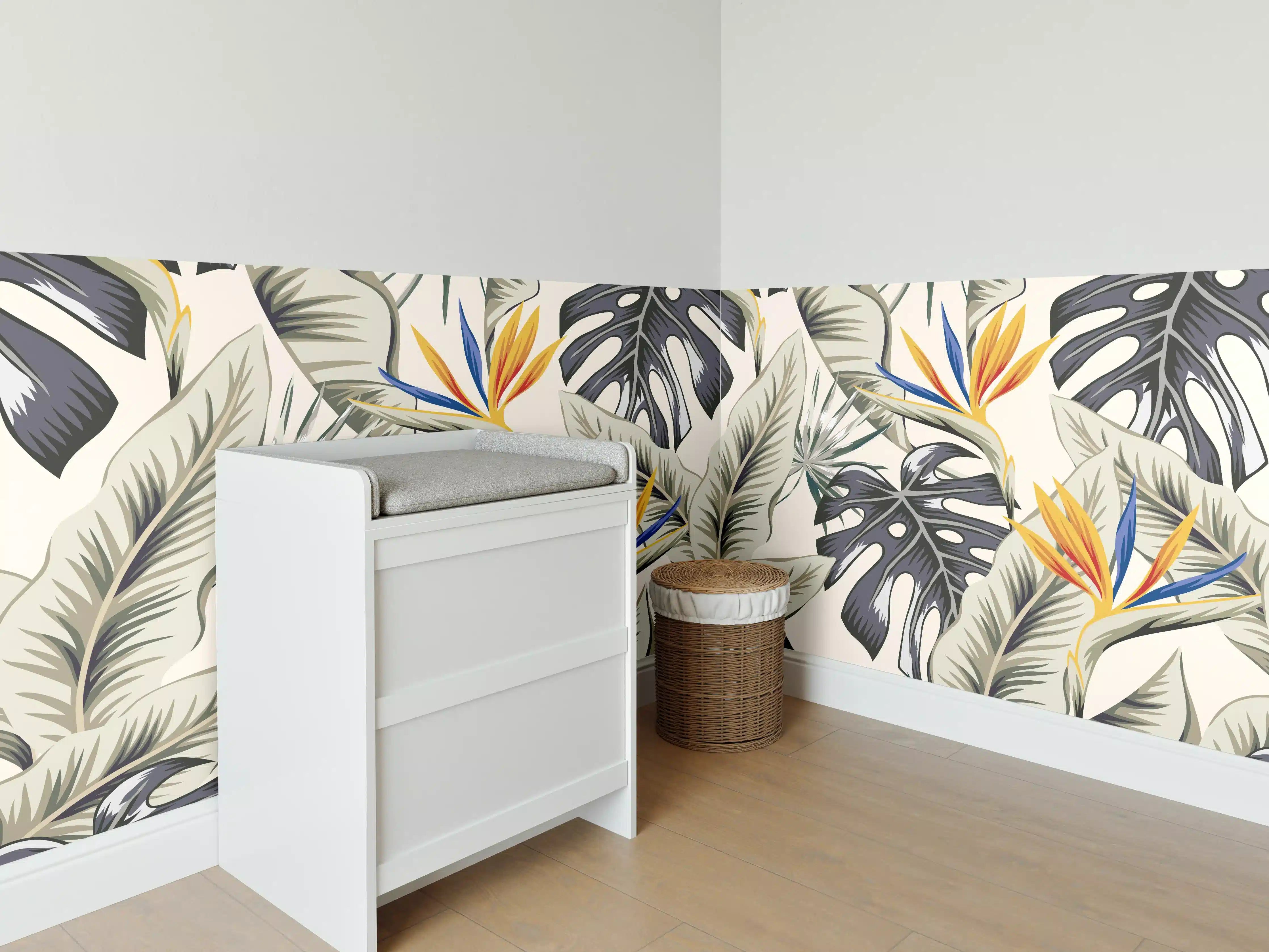 Babyzimmer Wandgestaltung - Strelitzia Tropenblätter Beige-Orange