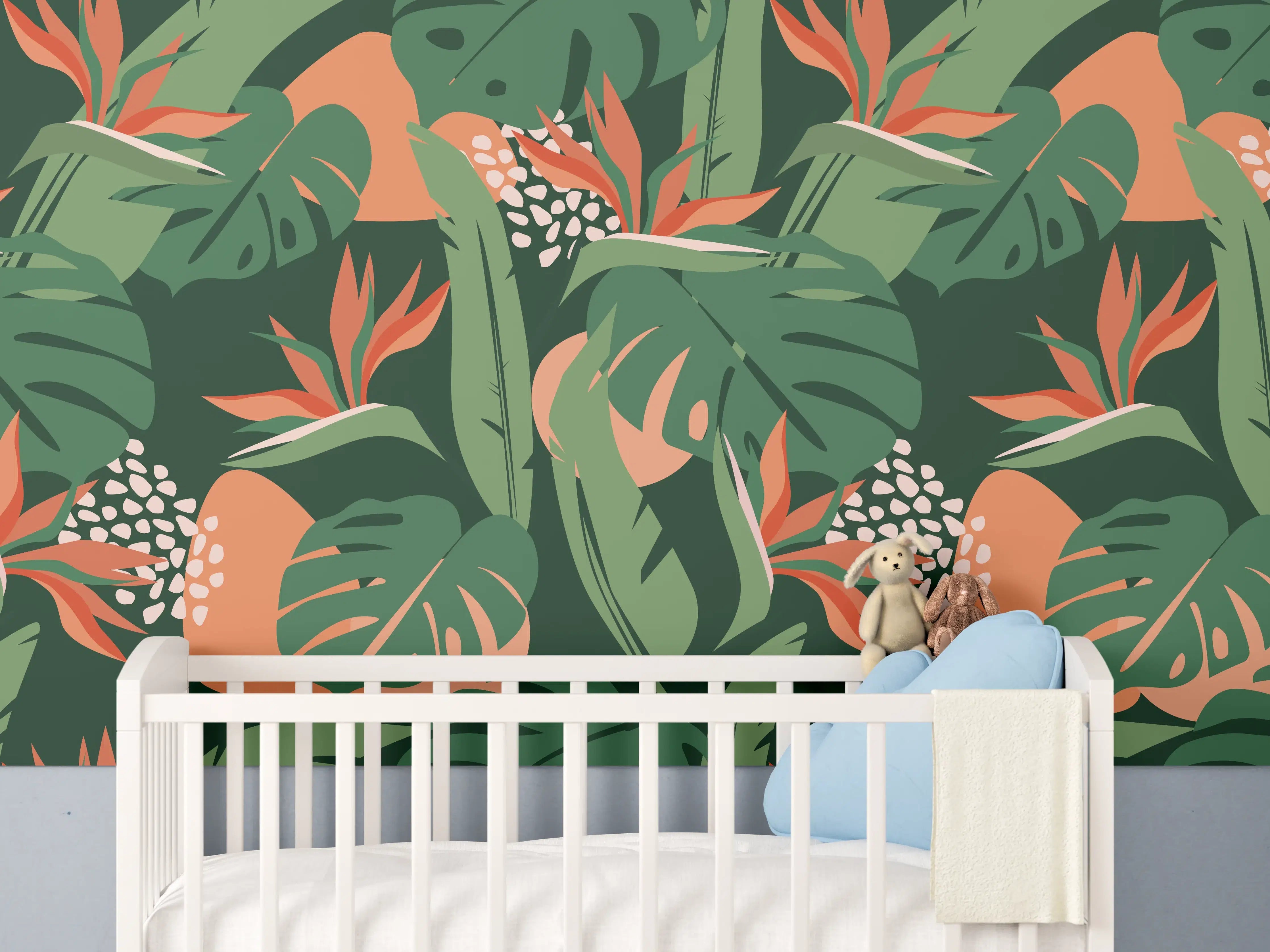 Babyzimmer Wandgestaltung - Strelitzia Tropenblatt Grün-Orange