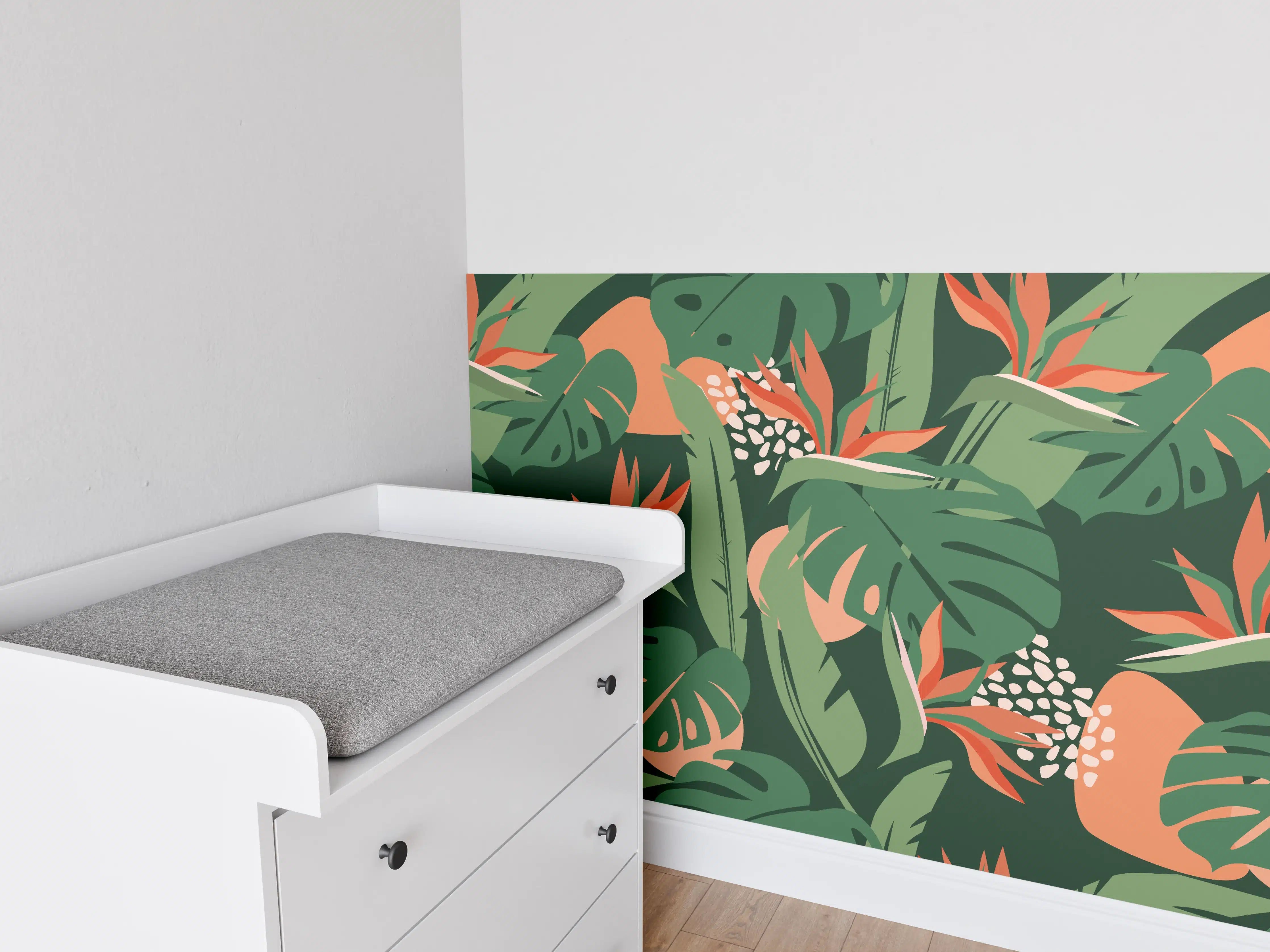 Babyzimmer Wandgestaltung - Strelitzia Tropenblatt Grün-Orange