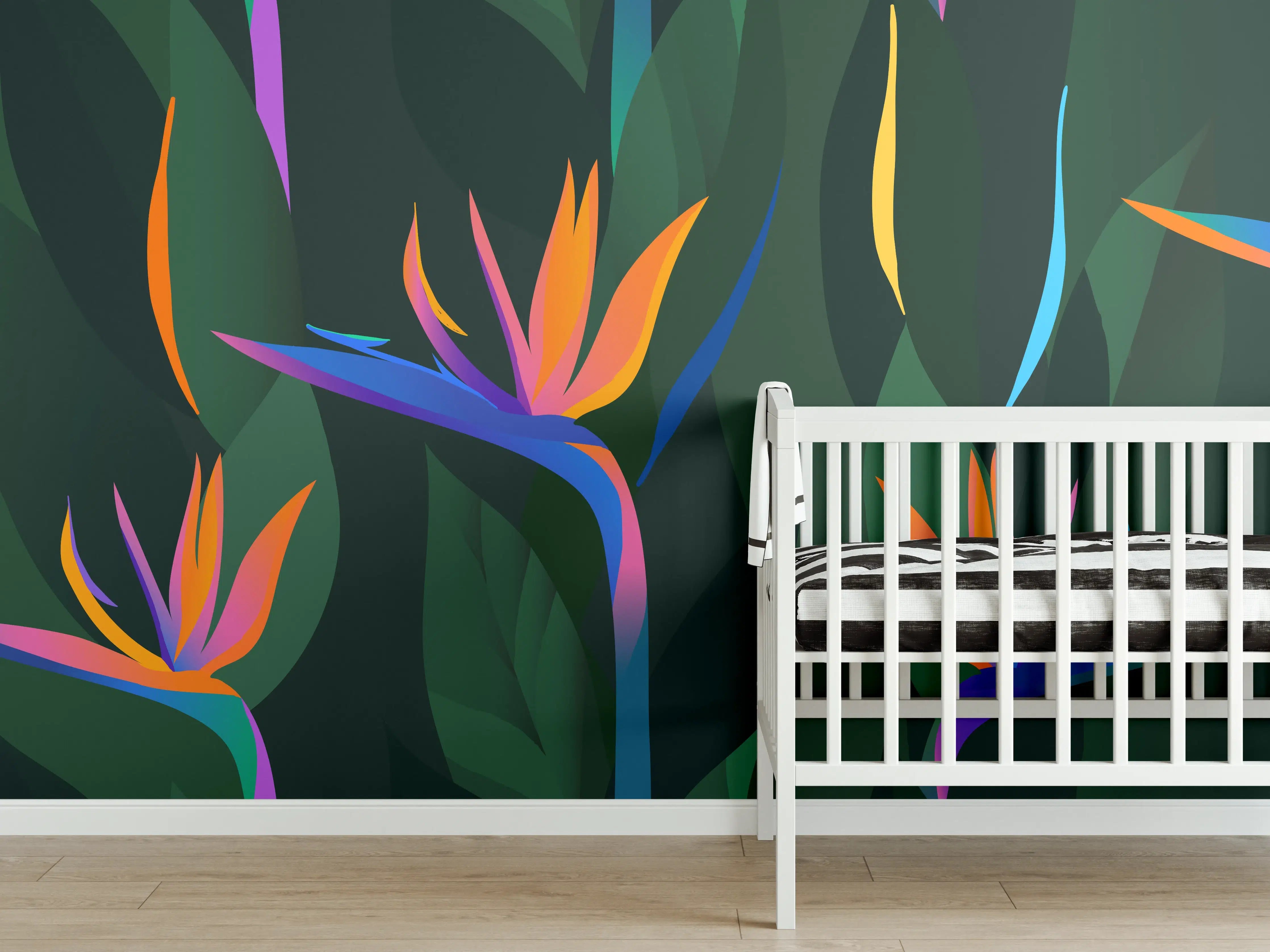 Babyzimmer Wandgestaltung - Strelitzia Tropic Grün-Orange
