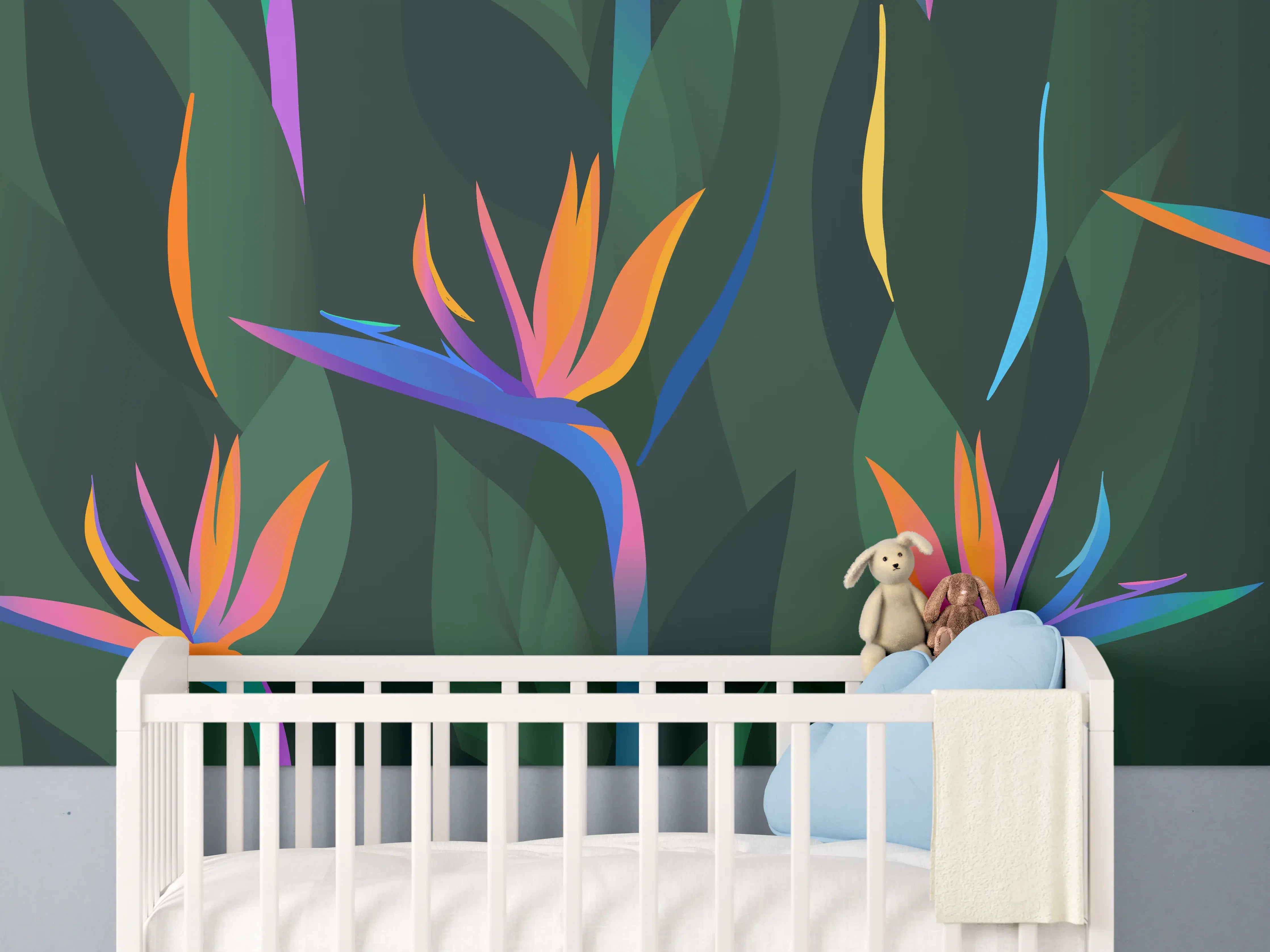 Babyzimmer Wandgestaltung - Strelitzia Tropic Grün-Orange