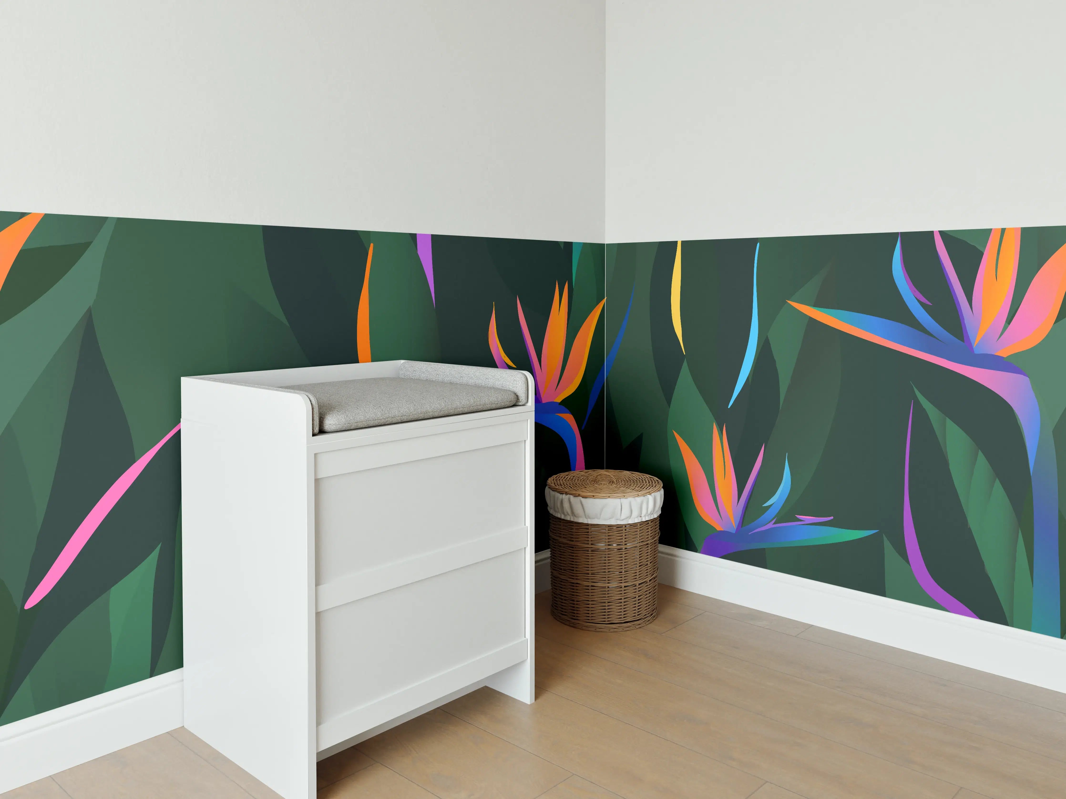 Babyzimmer Wandgestaltung - Strelitzia Tropic Grün-Orange