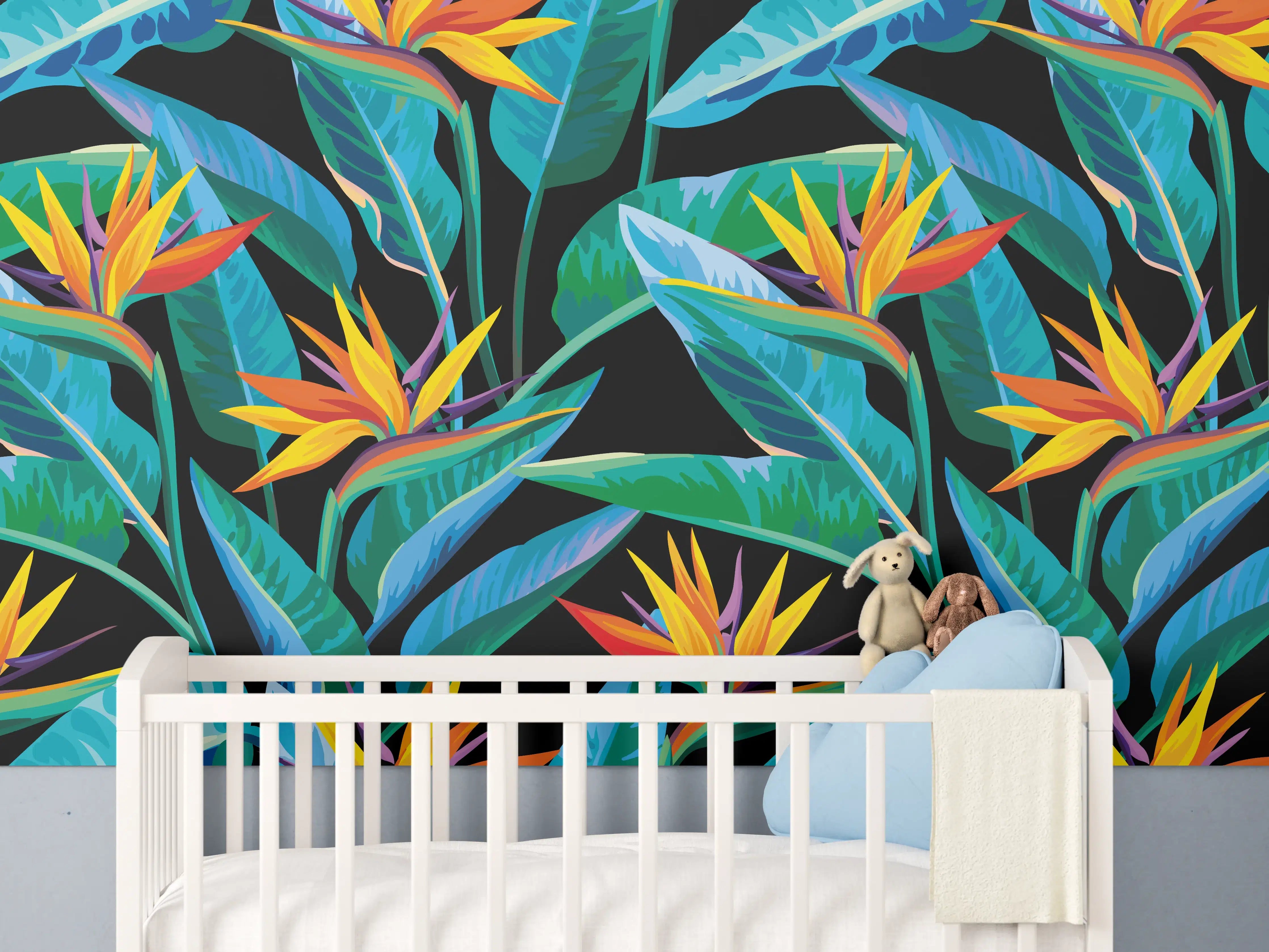 Babyzimmer Wandgestaltung - Strelitzia Tropic Schwarz-Exotik