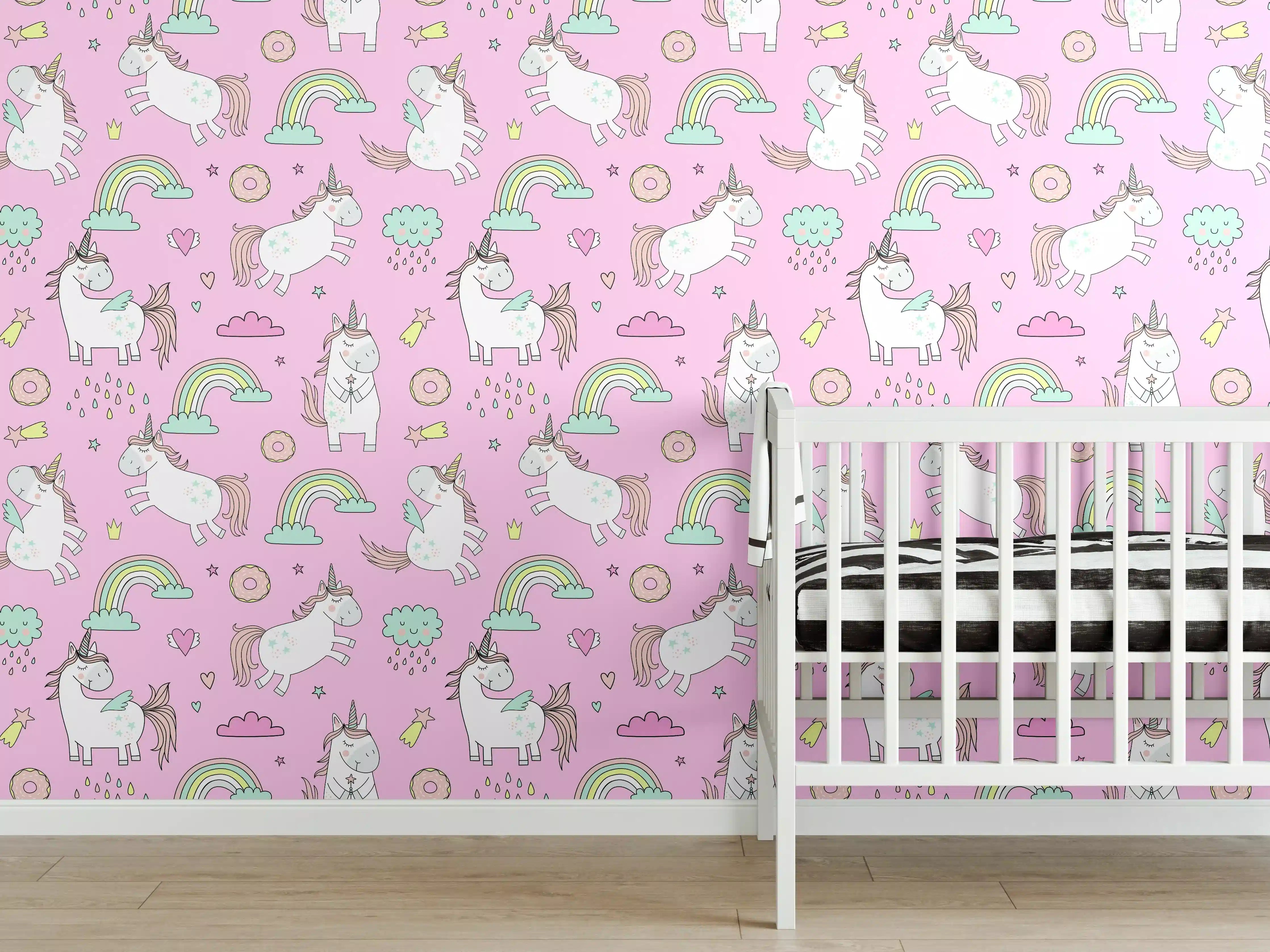 Babyzimmer Wandgestaltung - Süße Einhörner auf pinkem Hintergrund
