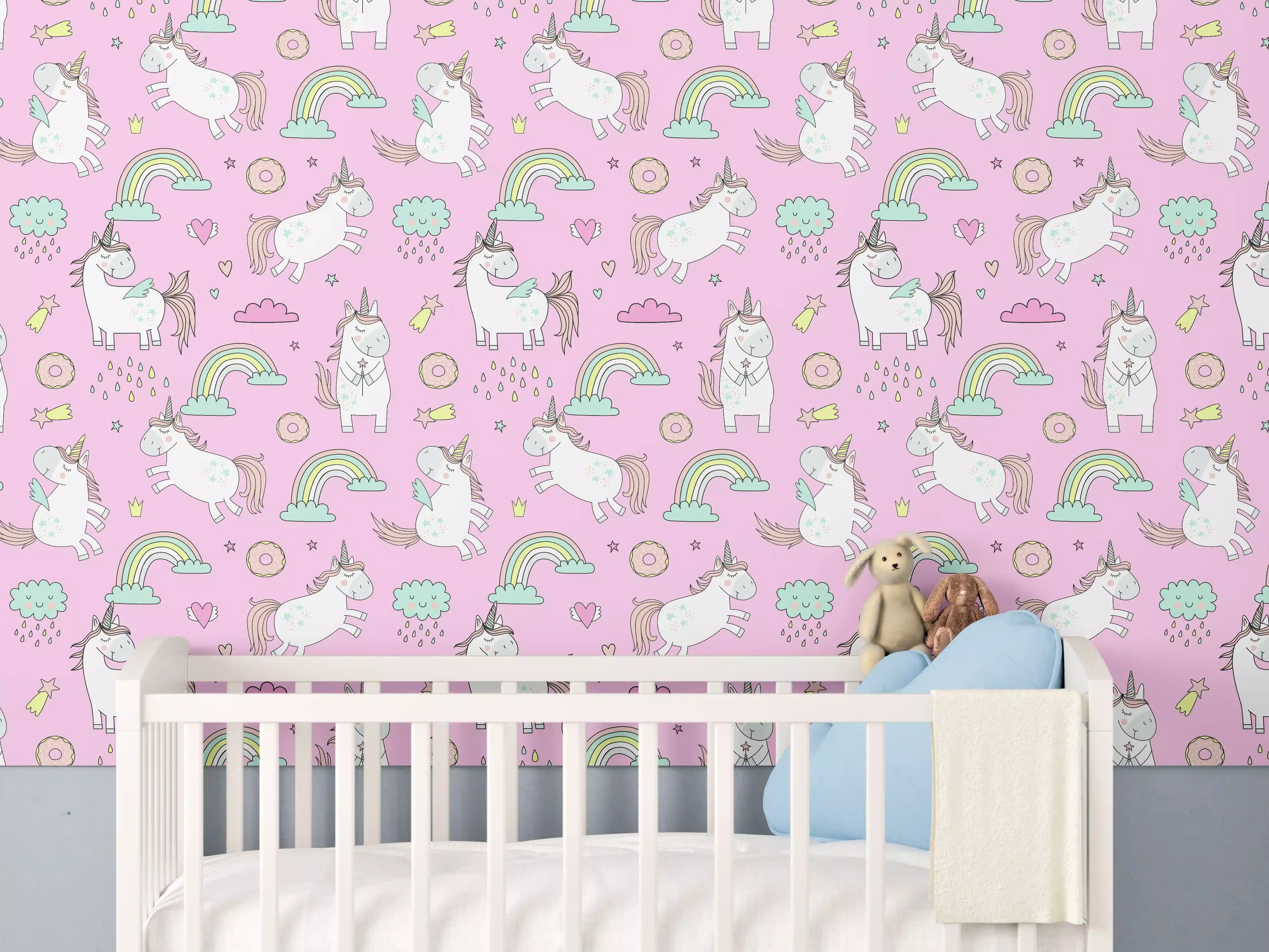 Babyzimmer Wandgestaltung - Süße Einhörner auf pinkem Hintergrund