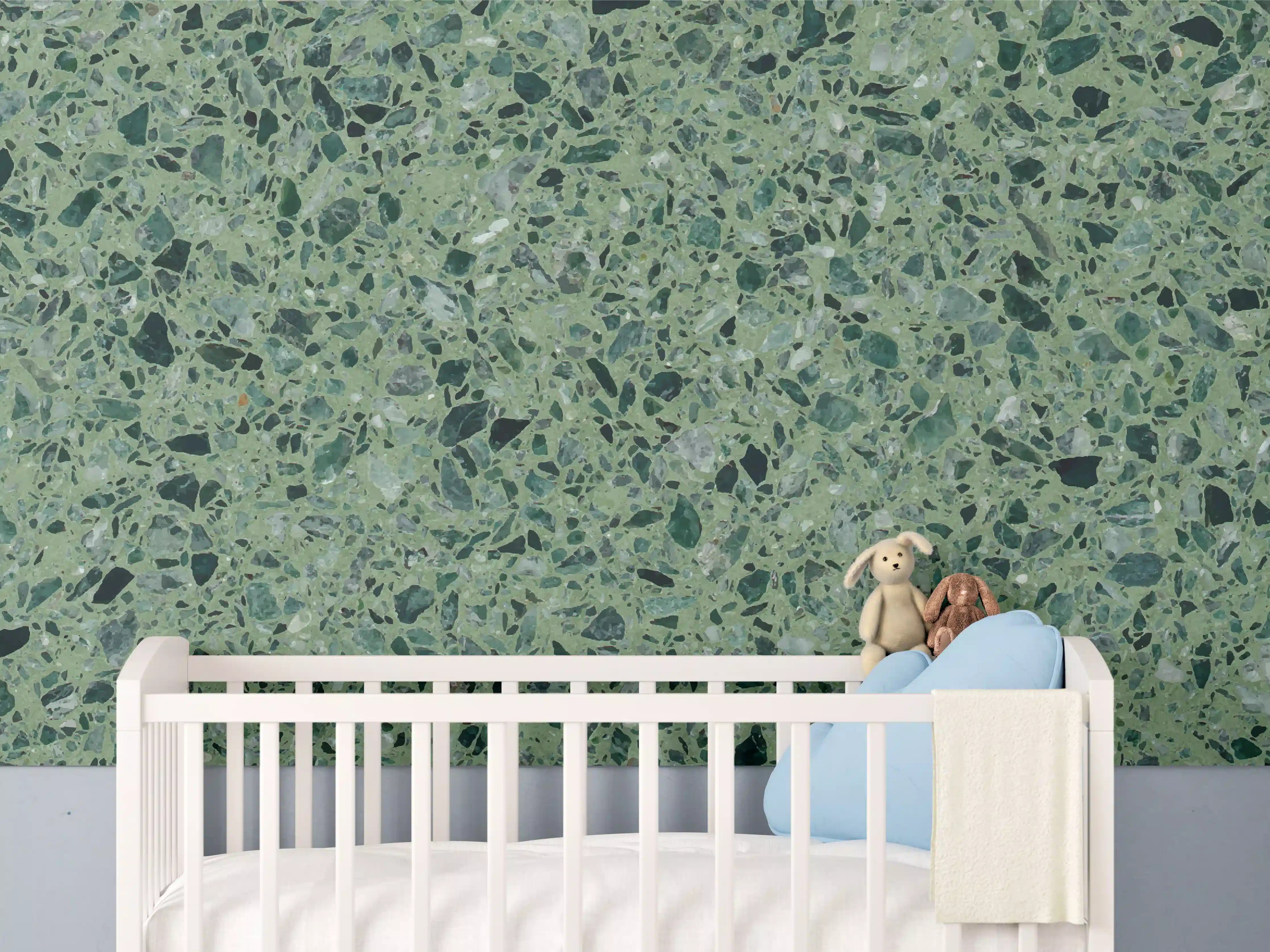 Babyzimmer Wandgestaltung - Terrazzo Textur auf türkisem Hintergrund