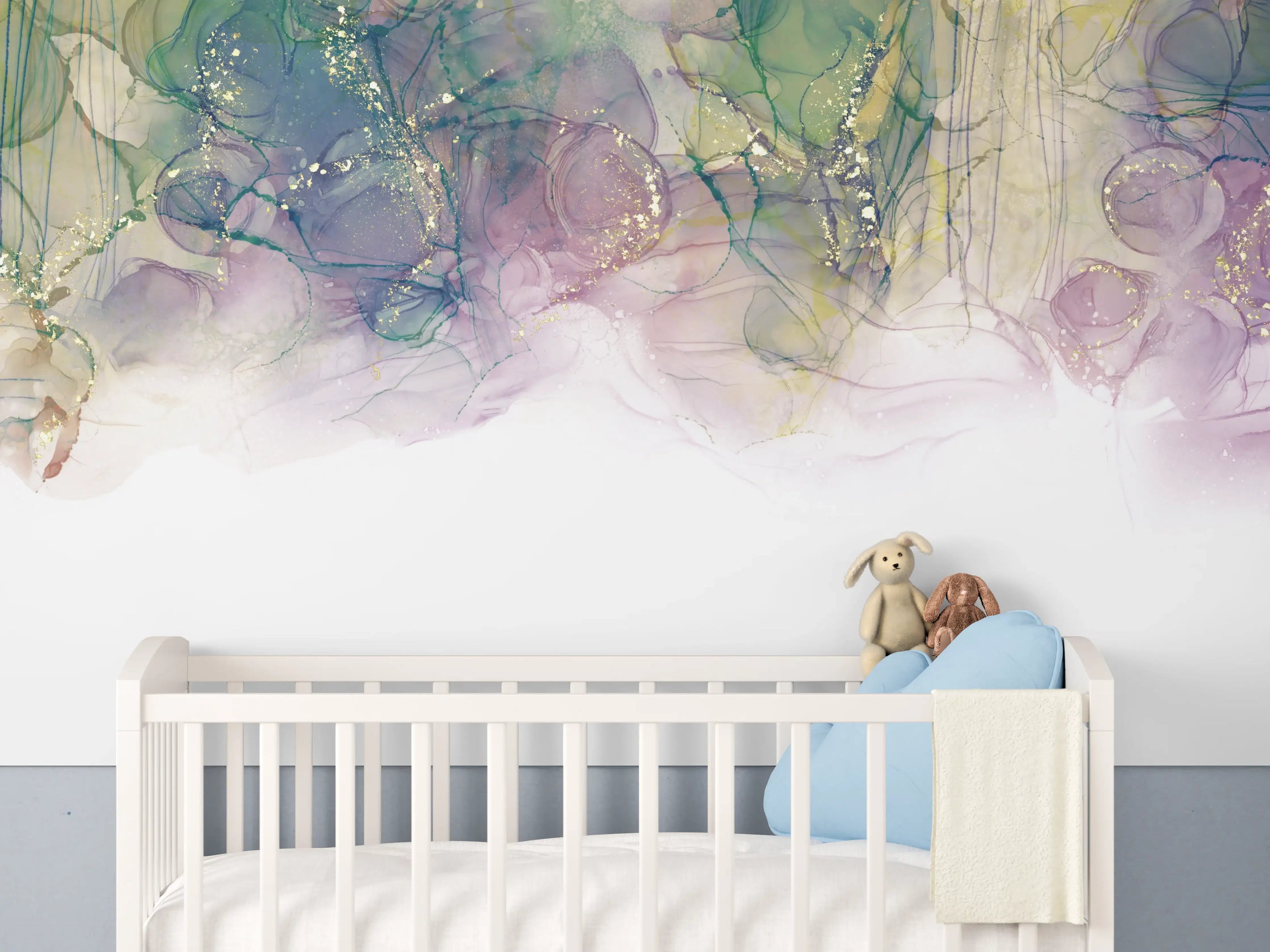 Babyzimmer Wandgestaltung - Tinte mit Goldelementen - Weißer Übergang