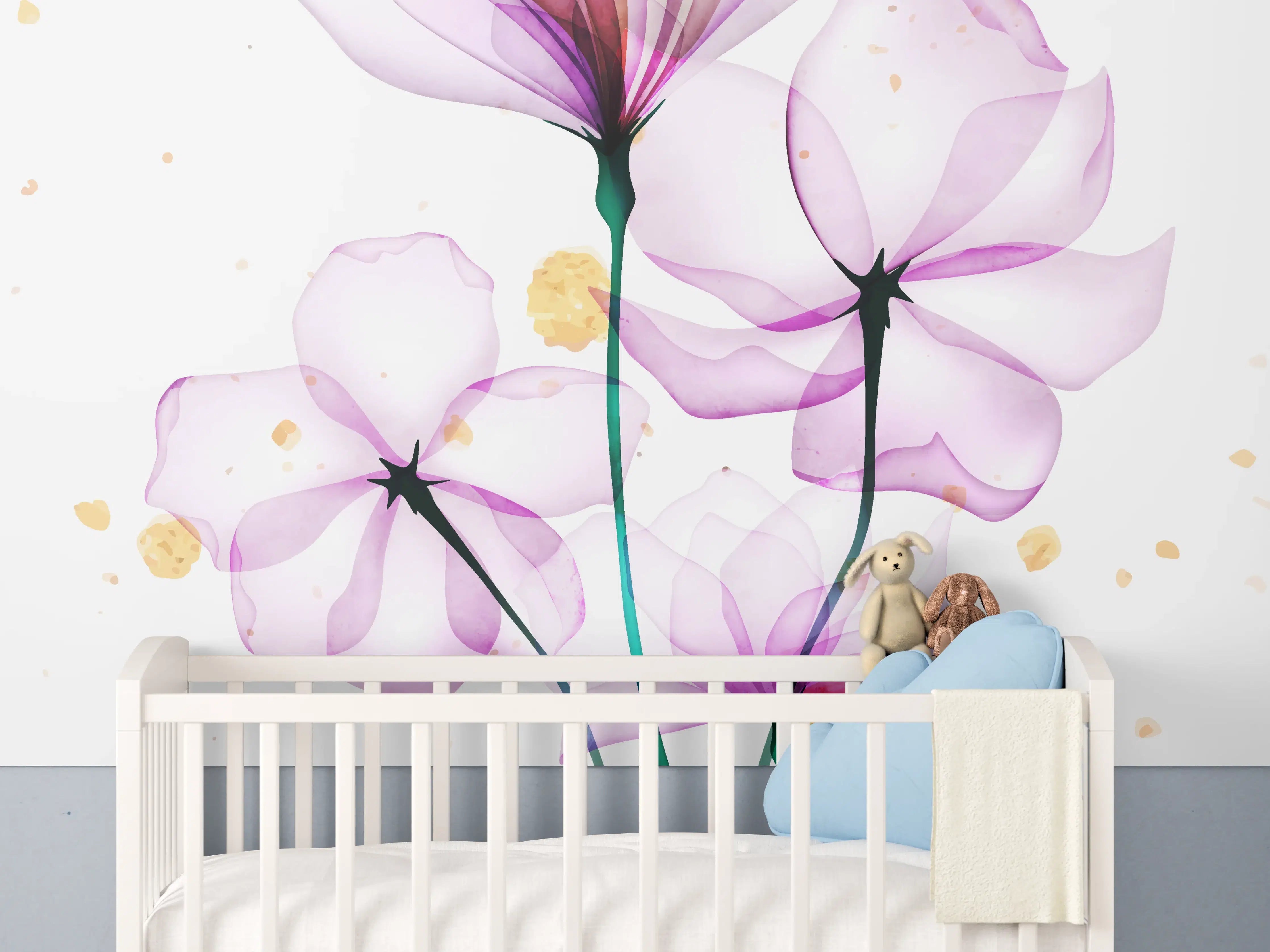 Babyzimmer Wandgestaltung - Transluzente Blüten Aquarell-Effekt