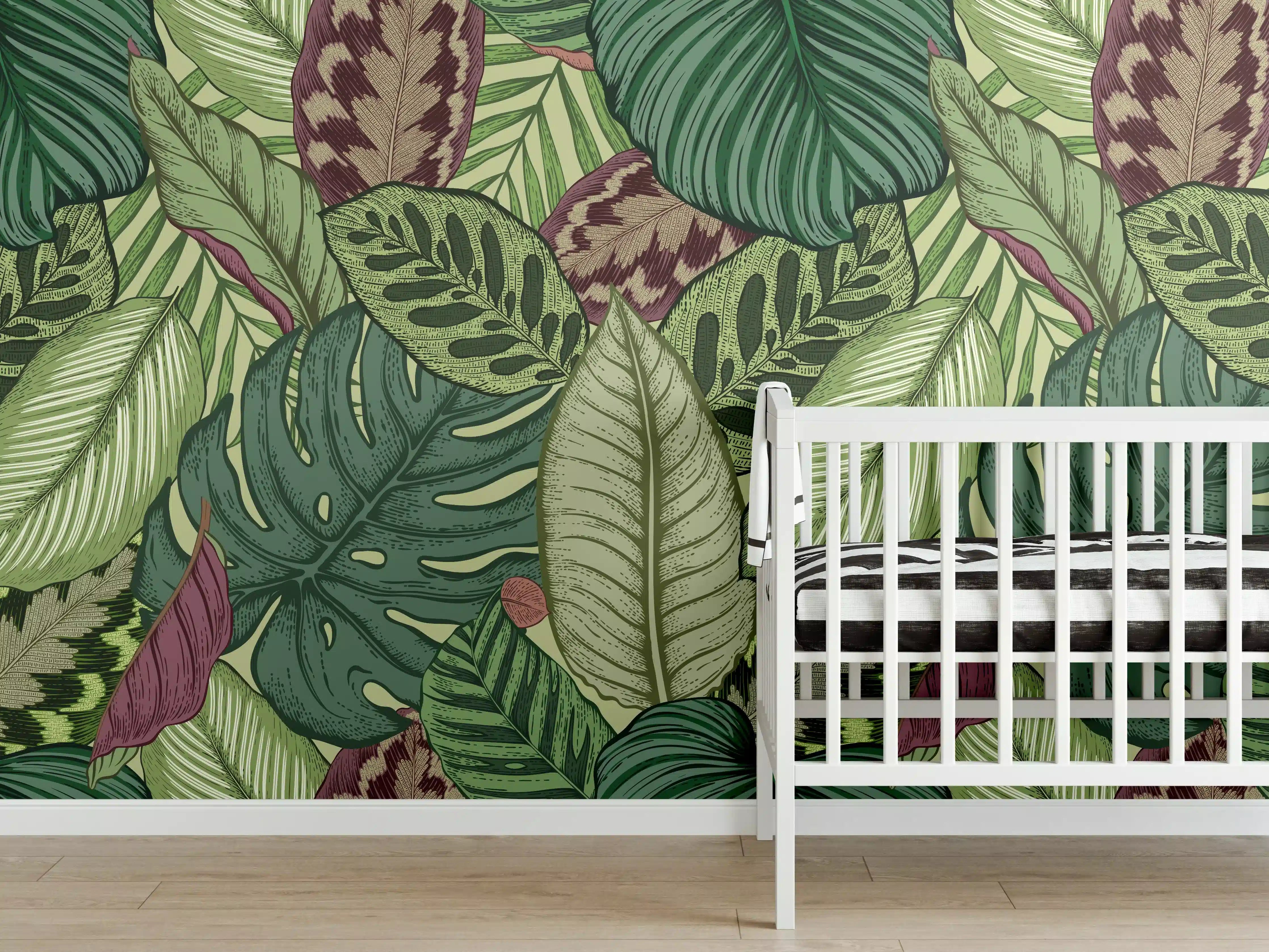 Babyzimmer Wandgestaltung - Tropische Blätter Grün-Beige